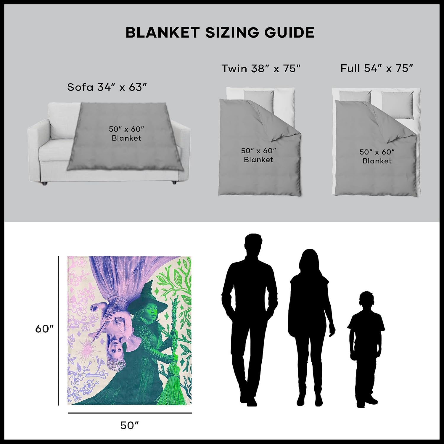 Wicked 2 Pink and Green Sherpa Soft Throw Blanket, Warm Plush Decorative Throw for Couch, Bed, or Travel for Friends and Loved Ones, 50 x 60 inches