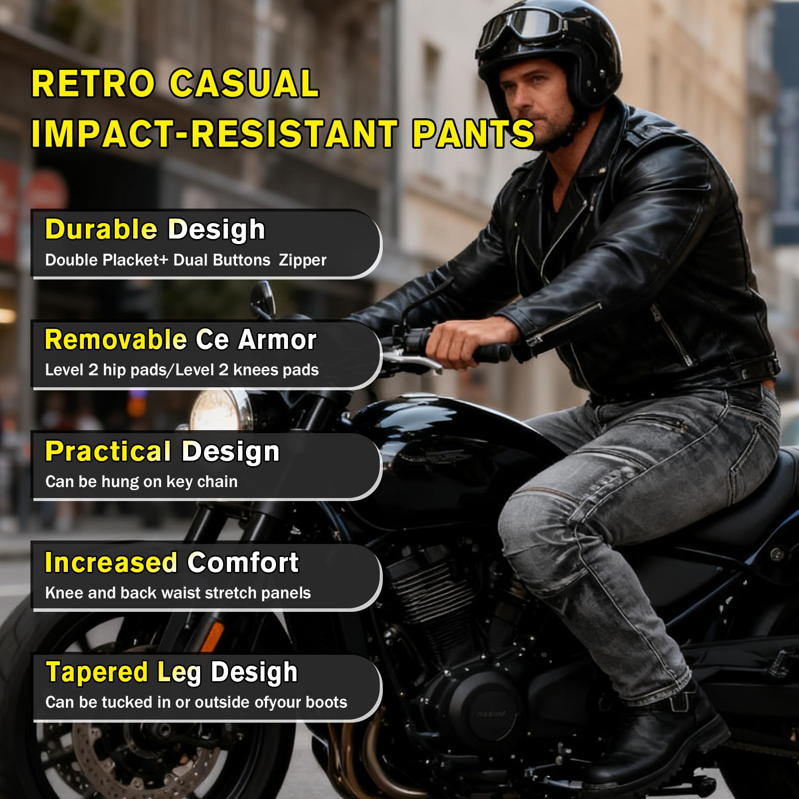 Pantaloni protettivi da Moto, Pantaloni Moto Uomo con Protezioni, Jeans da Moto da Uomo Realizzati in aramide Resistente all'Usura con 2 Paia di Protezioni Rimovibili