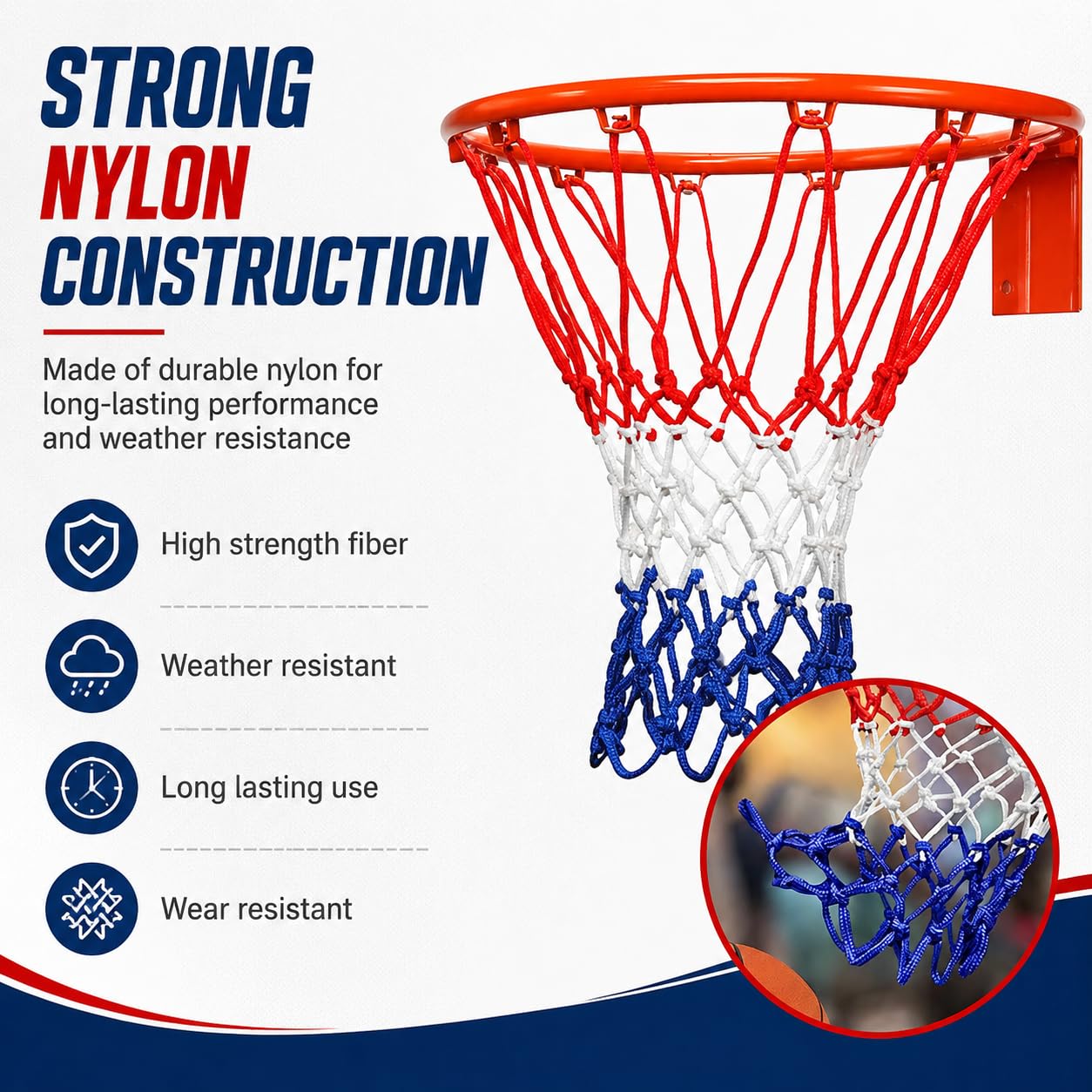 Basketballkorbnetz aus Nylon, 8 Schlaufen, Standard, langlebig, Ersatznetz, professionelles Wettkampfnetz, Weiß, Rot, Blau, 2 Stück