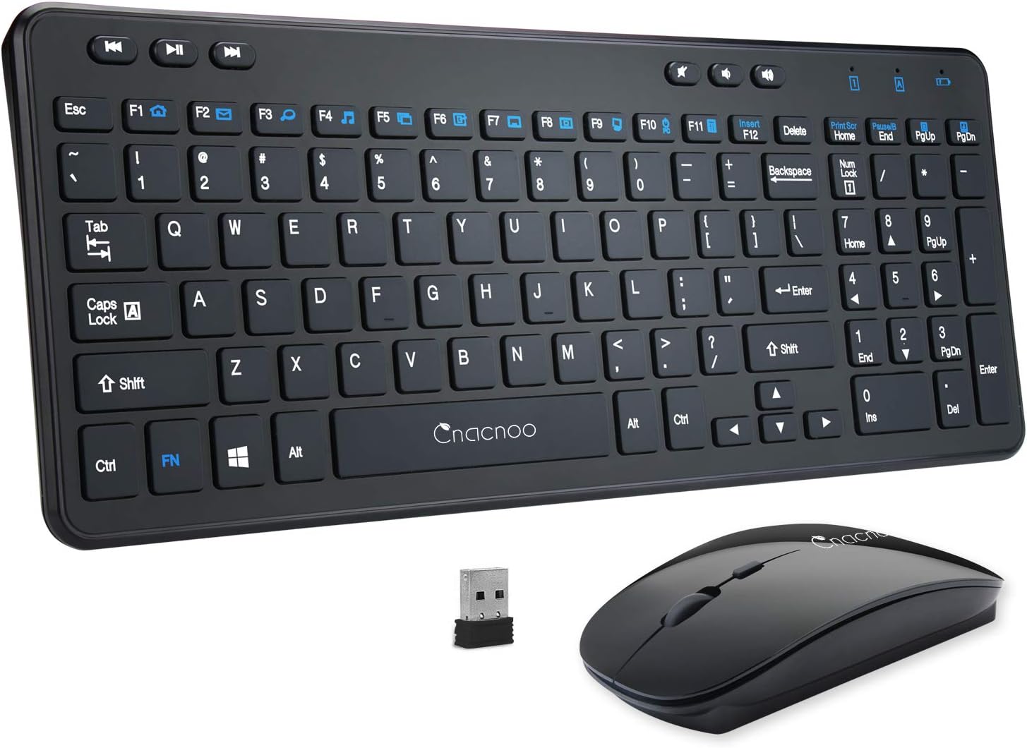 Wireless Keyboard and Mouse Combos, Cnacnoo Full Size Slim Keyboard 2.4GHz Silent Mouse with Nano USB Receiver Multimedia Keys for Windows, Laptop, PC, Notebook Free OTG Cable for Android Tablet Phone