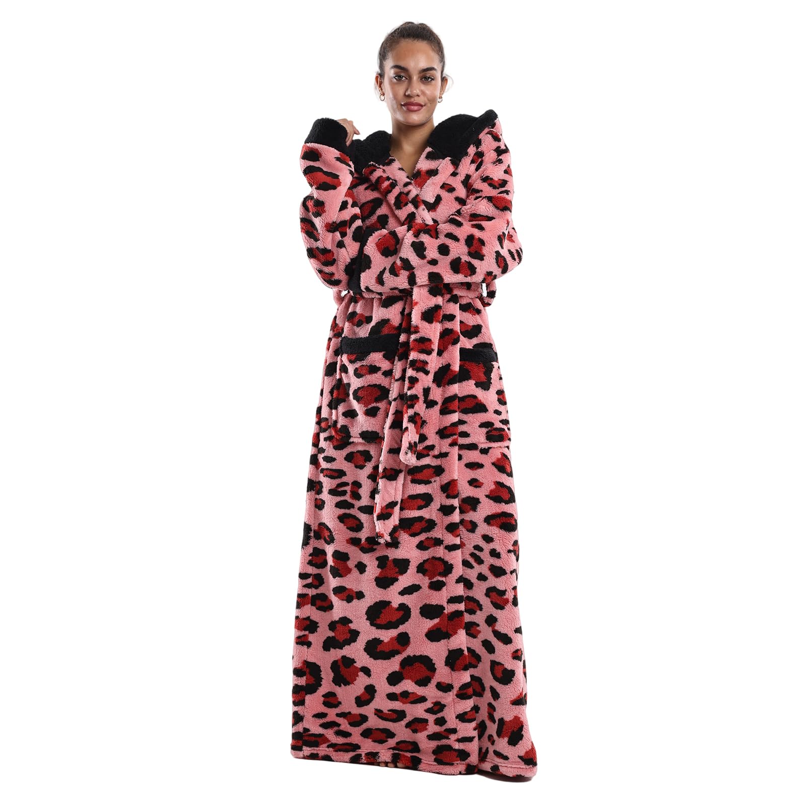 Albornoz Unisex Capucha - Bata Larga de Forro Polar Cálido y Suave, Talla Única con 2 Bolsillos y Cinturón Ajustable, para Baño, Spa, Hogar