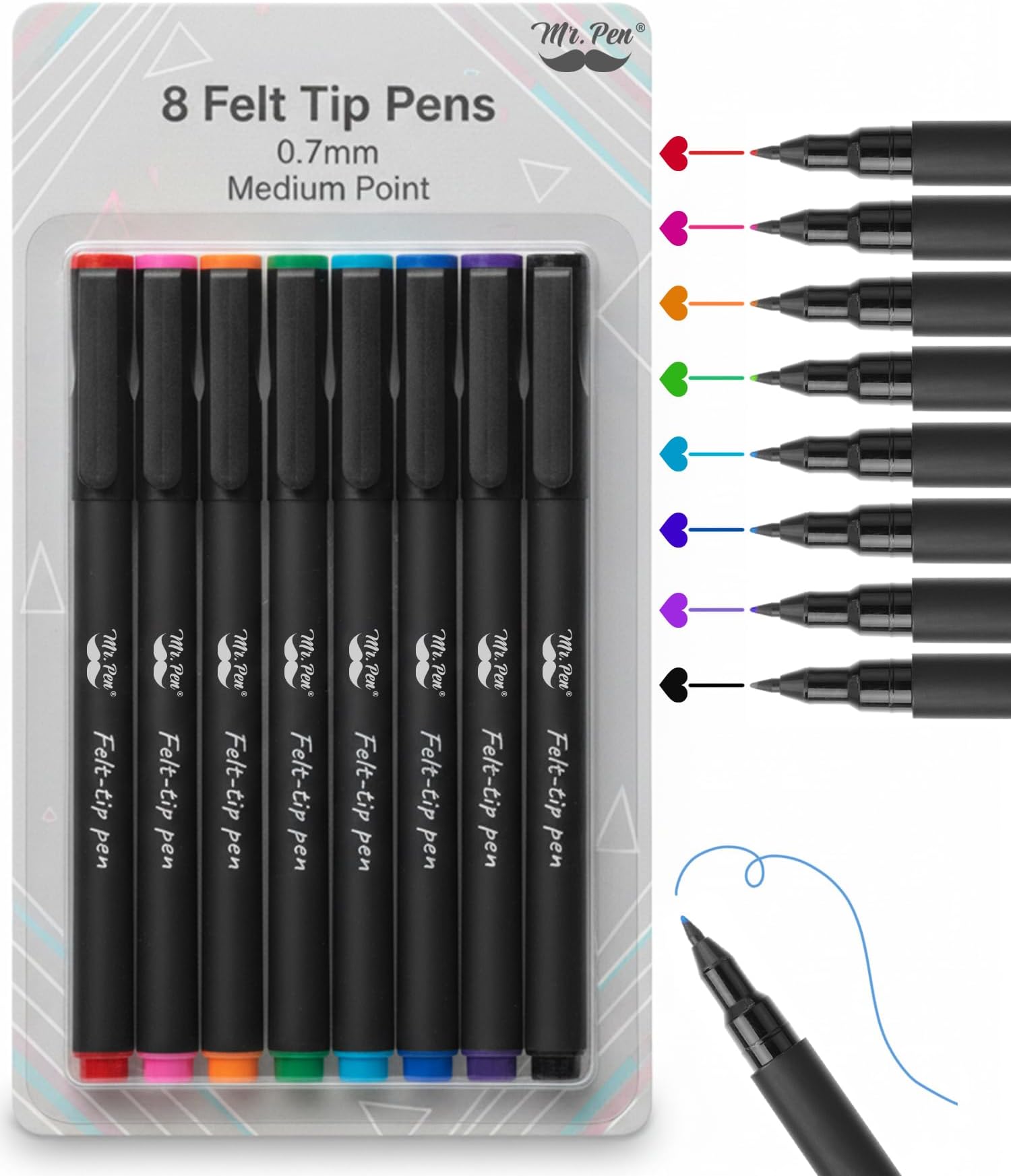 Mr. Pen Felt Tip Pens, Fine Point, Pack of 8, Fast Dry, No Smear, Assorted Colors, Journaling Pens, Planner Markers