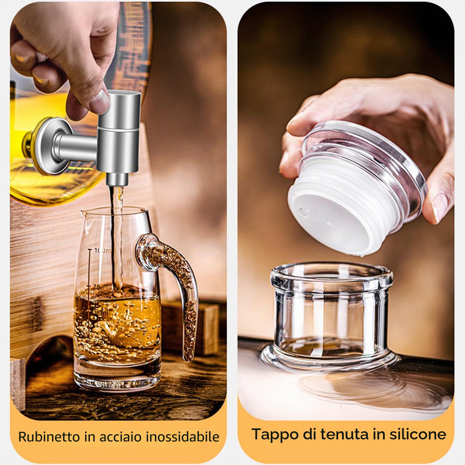 Barile di vino in vetro con rubinetto, decanter per whisky con supporto, dispenser per bevande a forma di barile da 3 a 5 l, caraffa in vetro, beccuccio