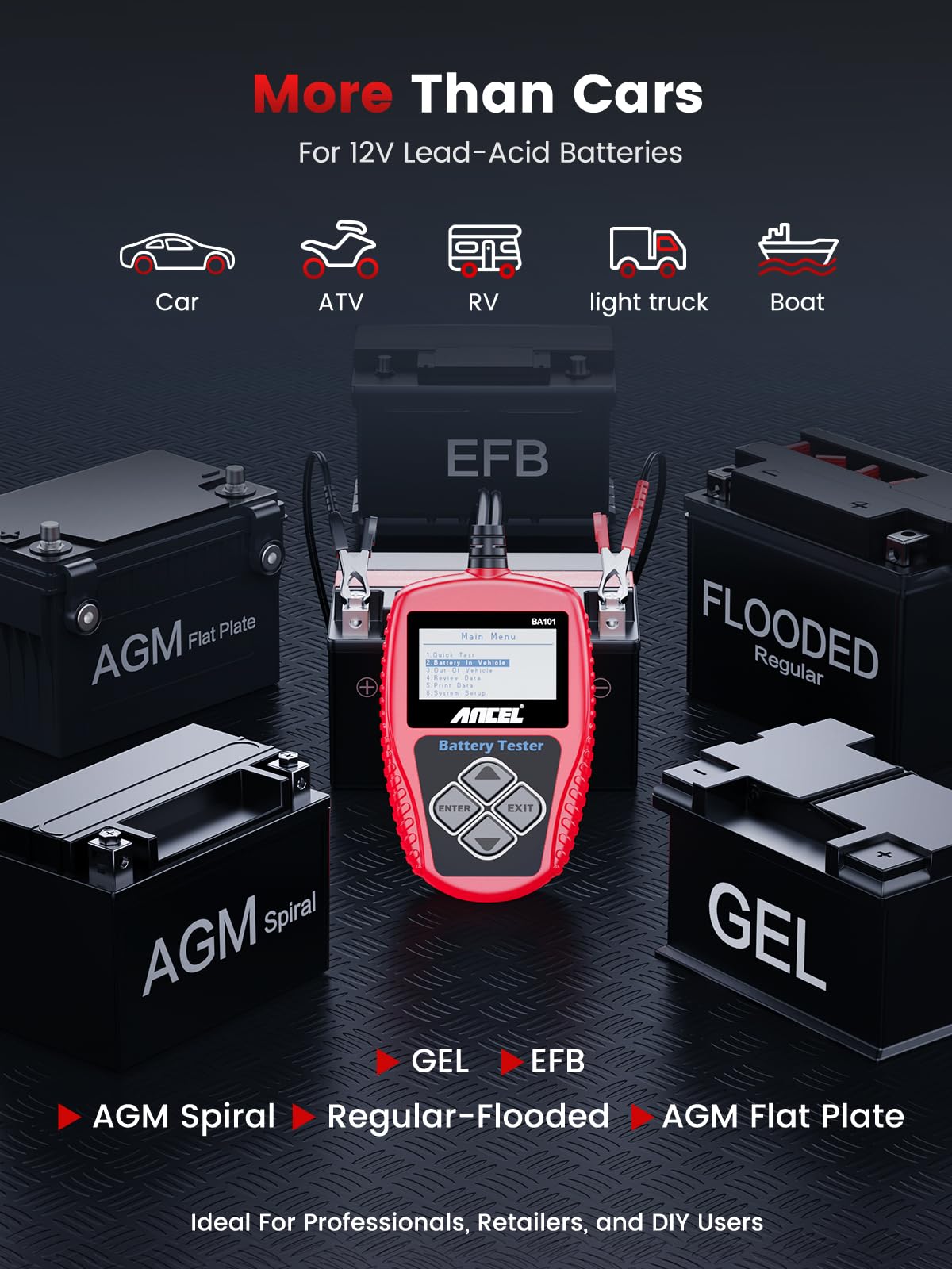 ANCEL BA101 Testeur Batterie Voiture 12V, Moniteur de Batterie Auto avec Écran LCD, 100-2000 CCA Test de Batterie, Analyse de Charge, Précis Testeur Relais Auto Applicable à Camion, Moto, ATV, SUV