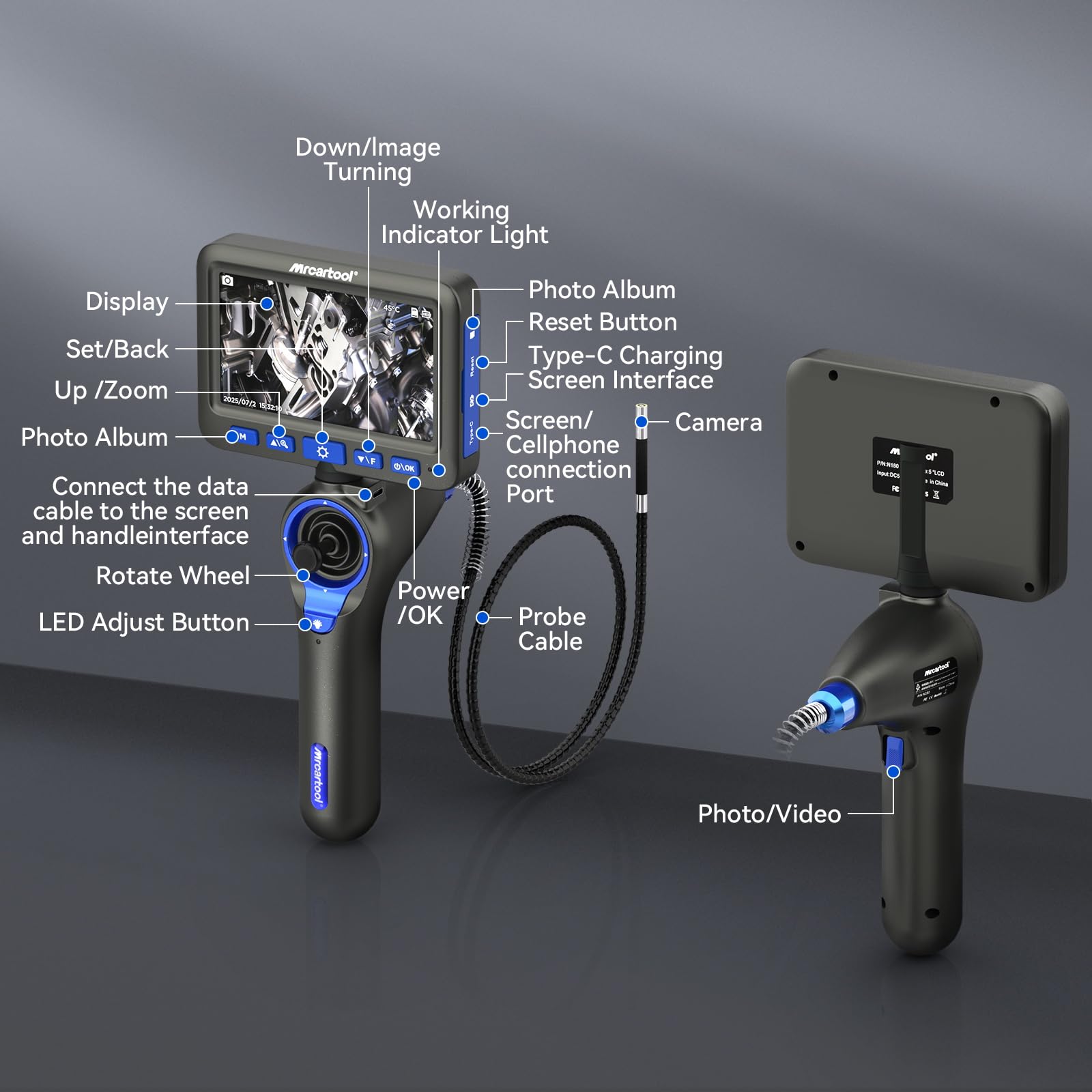 2-IN-1 Endoscopio articolato a 360° a 4 vie, schermo HD da 5 pollici, fotocamera di ispezione sottile da 6,2 mm con joystick staccabile e cavo semirigido da 1,2 m per meccanici HVAC automobilistici