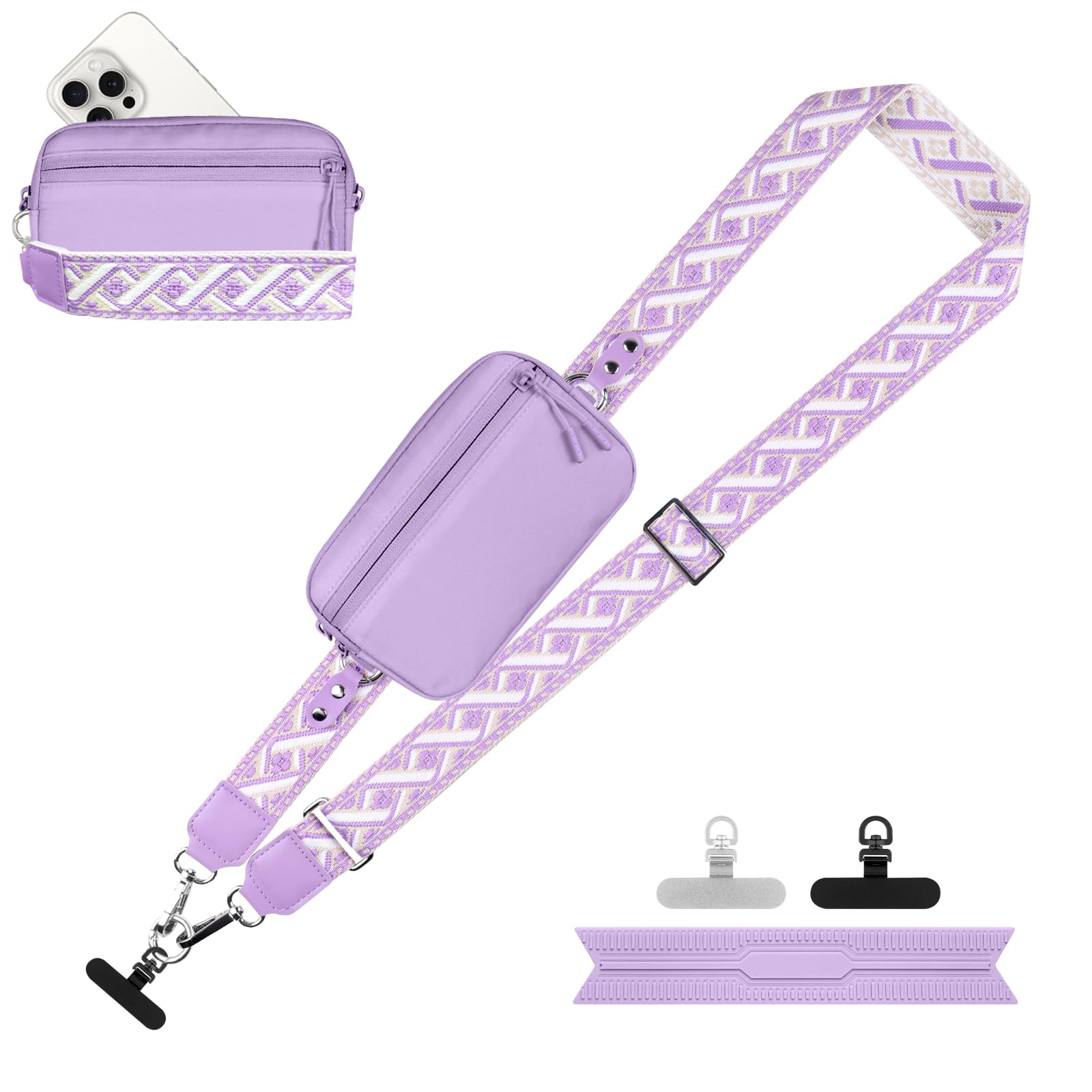 YFWE Clip and Go Strap for Phone with Wallet Crossbody, Adjustable Phone Lanyard with Detachable RFID Wristlet Wallet, Pattern Strap - Purple (L)