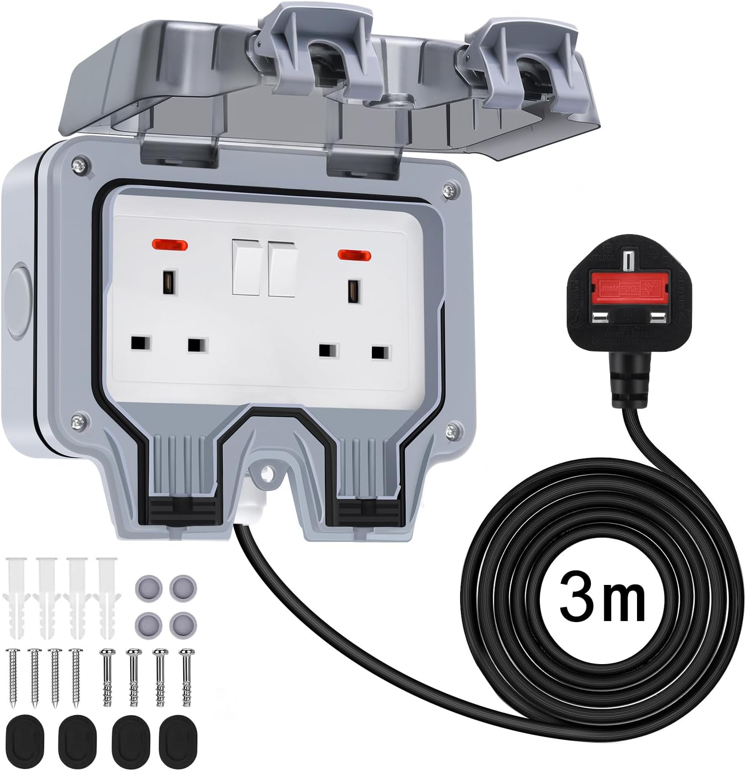Double Outdoor Socket with 3m Extension Lead, Outside Plug IP66 Waterproof Socket 13Amp 2 Gang Switched Cover, Wall Electrical Outlet Box