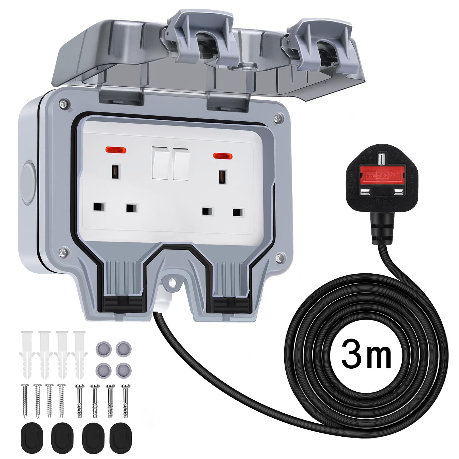 Double Outdoor Socket with 3m Extension Lead, Outside Plug IP66 Waterproof Socket 13Amp 2 Gang Switched Cover, Wall Electrical Outlet Box