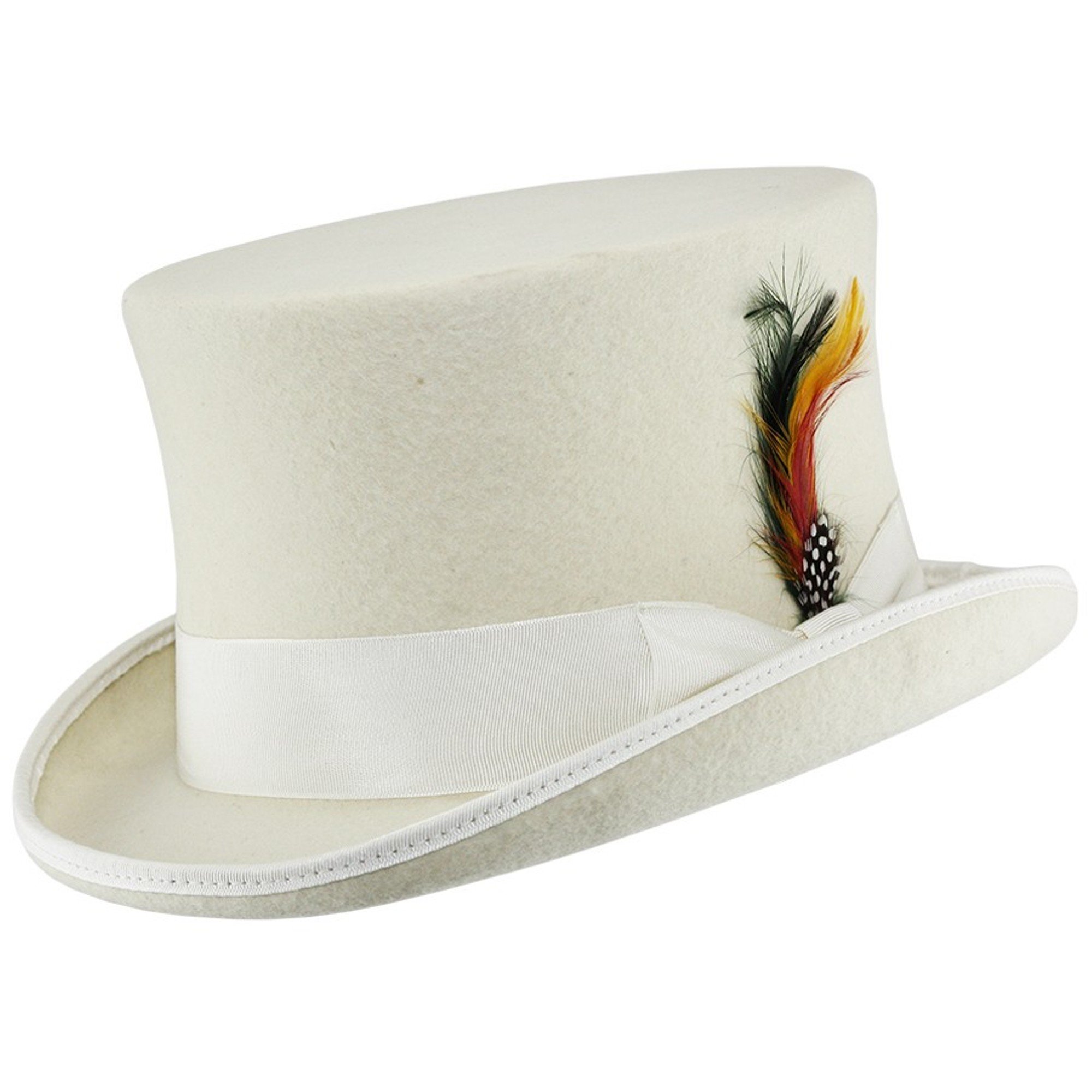 VIZ White 100% Wool Satin Lined Wedding Event Felt TOP HAT with Feather (XLarge)