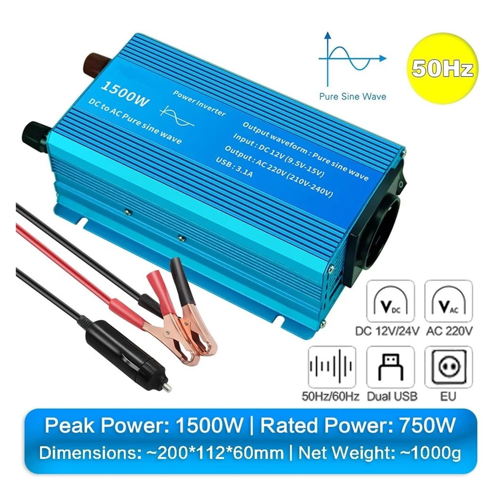 Power Inverter Inversor Corriente Onda Sinusoidal Pura 1000W/1500W/2200W CC 12V/24V A CA 220V Convertidor Voltaje para Adaptador Carga USB Dual Convertidor(12V,1500W 50Hz EU)