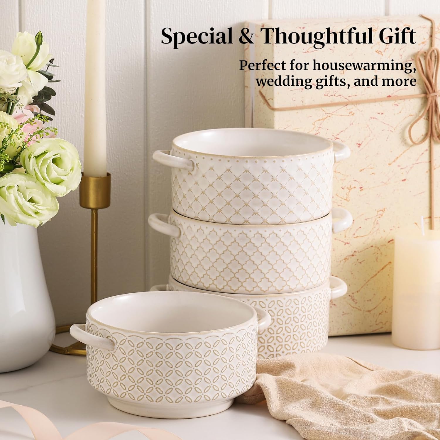 DOWAN Soup Bowls with Handles, Oven Safe French Onion Soup Bowls, 26 oz Large Soup Bowl for Chilli, Beef Stew, Ceramic Soup Crocks Set of 4, Microwave & Dishwasher Safe