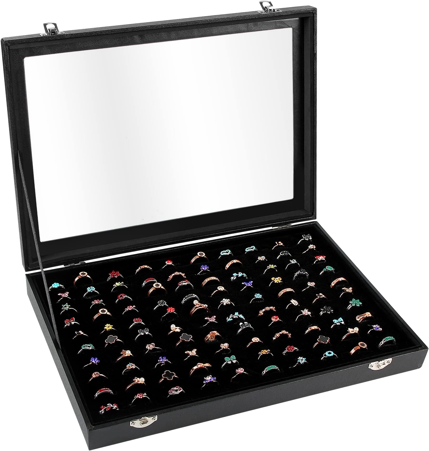 Bivisen Ring Display Case Organizer Box with Transparent Lid, 100 Slots Ring Storage Display Box Case Tray Holder PU Leather Black