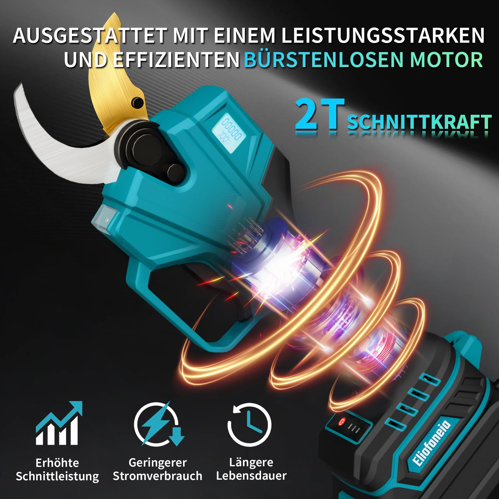 Akku-Astschere,Elektrische Gartenschere,bis 40mm Aststärke,mit 2 x 4000 mAh Akkus,1000W bürstenloser Motor,Sicherheitsschalter,LCD-Display,Ladegerät,8 Stunden Dauerbetrieb