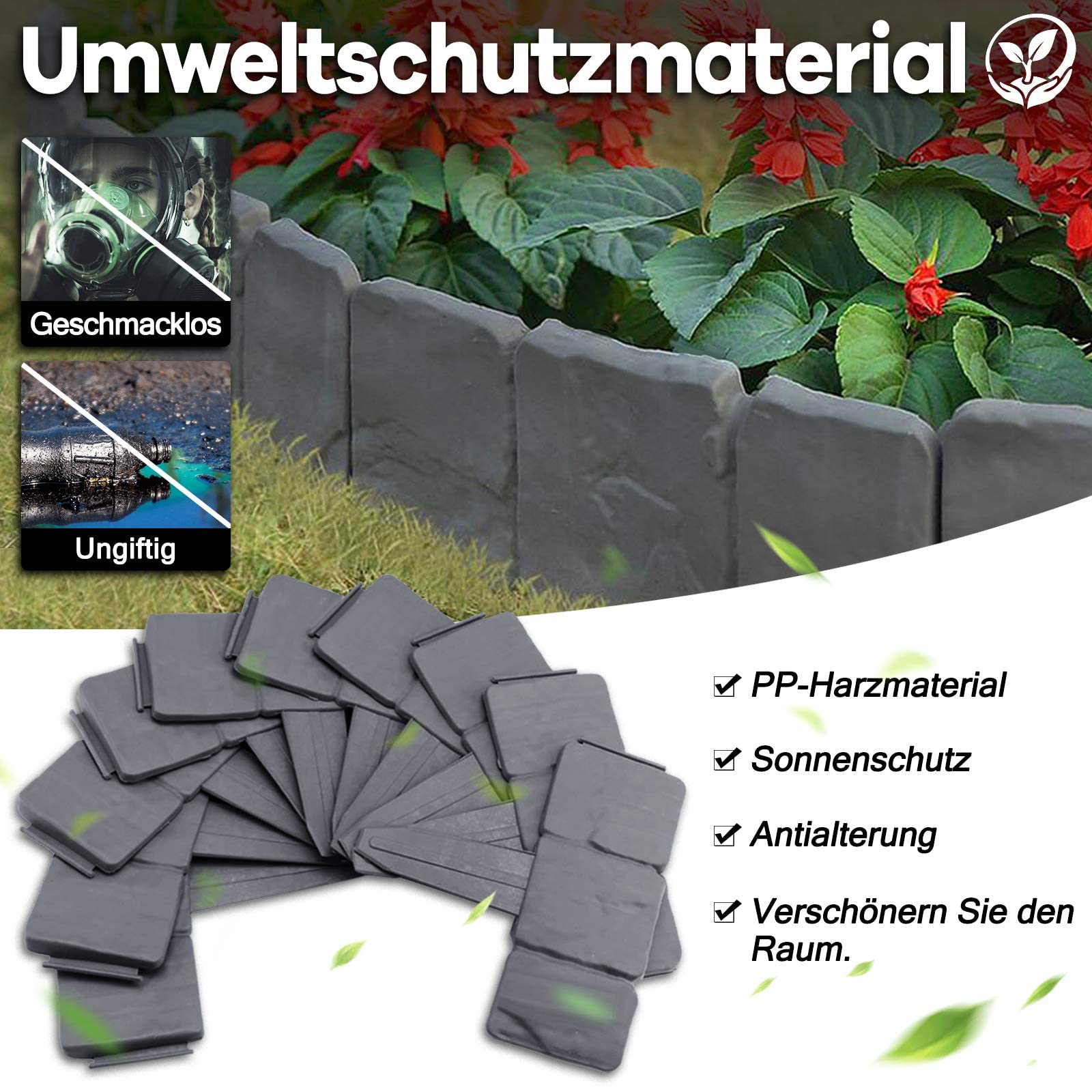 Beeteinfassung Rasenkante Stein Rasenkante Kunststoff PP-Beetbegrenzung Beetumrandungen für Garten Wiese LxH 25x23cm 50-teilige / 12,5M Anthrazit