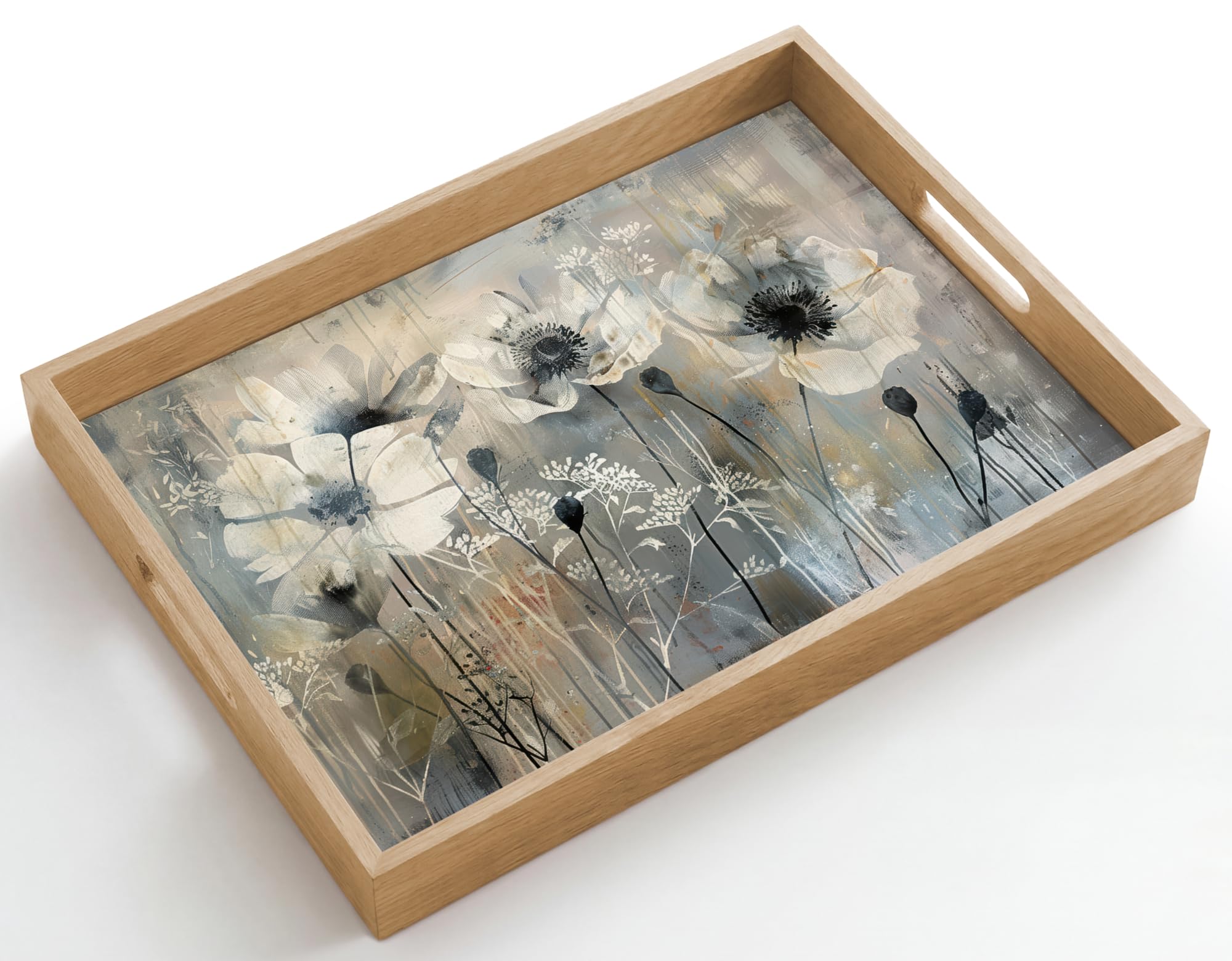 Tablett Rechteckig 50x35 cm Serviertablett rutschfest Griff Küchentablett Servierplatte Eiche Holztablett Henkel Hitzebeständig Blumen - Pflanzen - Grau - Abstrakt