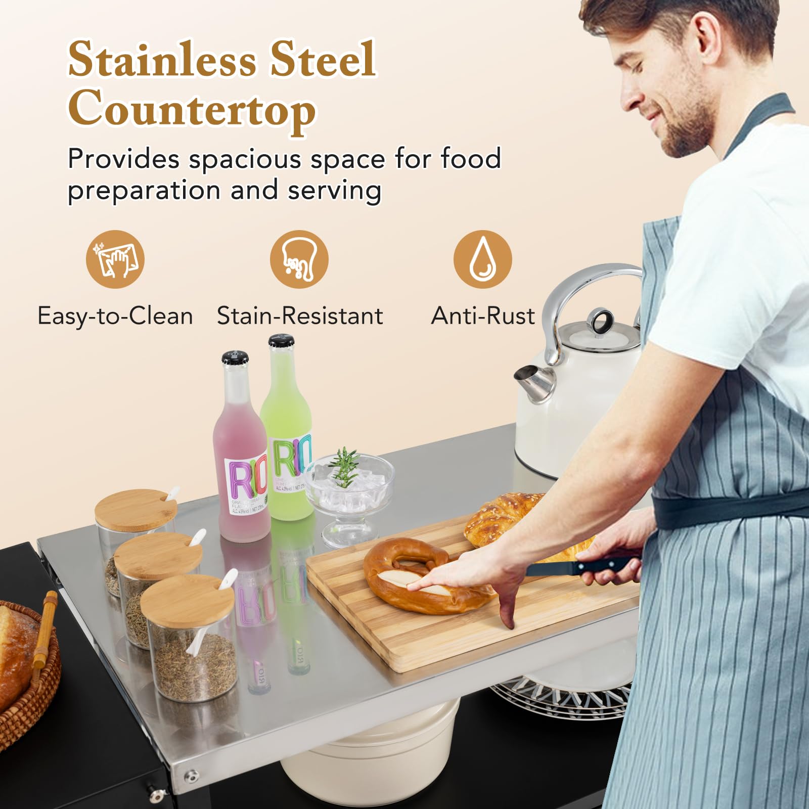 GIANTEX Carrito de barbacoa para exteriores, mesa de barbacoa con encimera de acero inoxidable y mesa lateral plegable, carrito de cocina con ruedas, mesa auxiliar con soporte para bolsa de basura