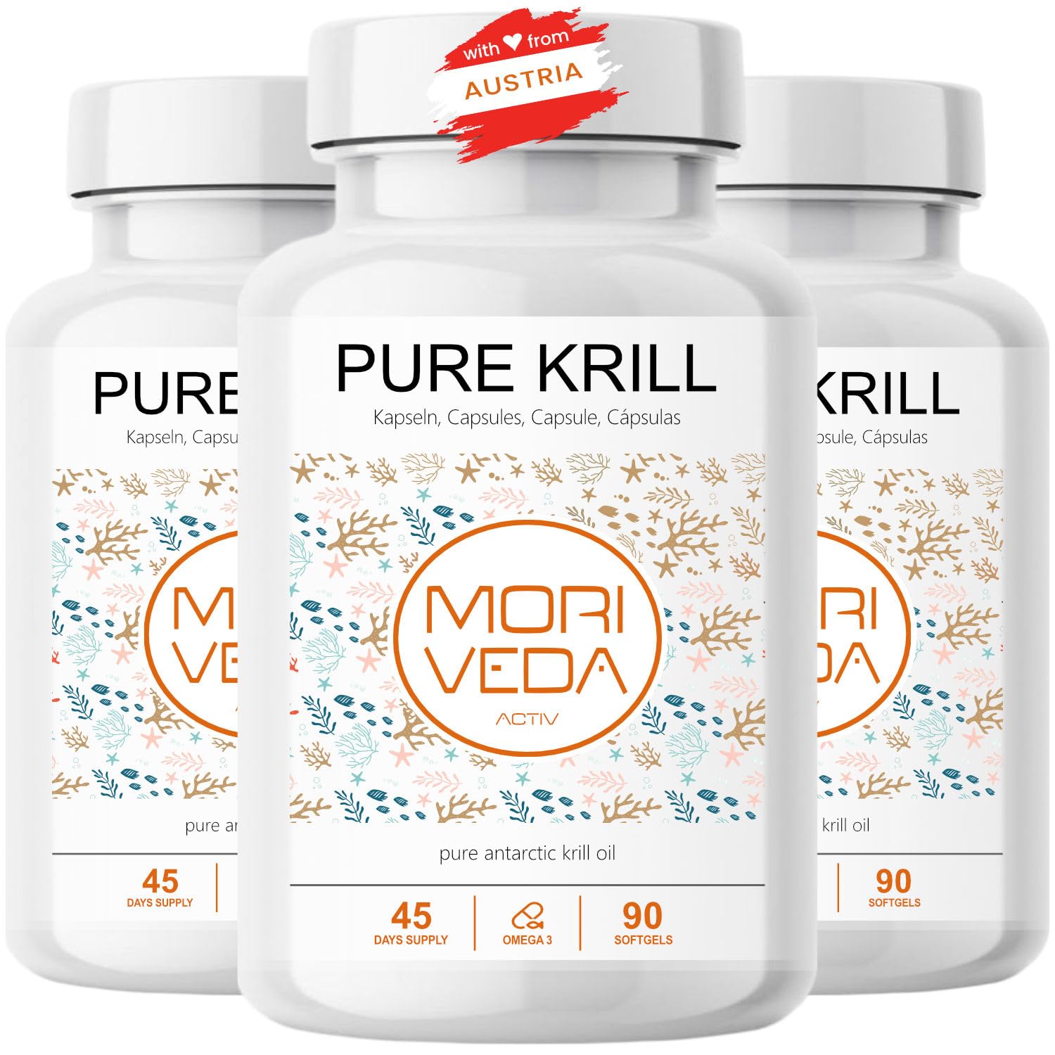 MoriVeda PURE Krill, 500 mg Krillöl pro Kapsel, Omega-3 Softgel-Kapseln mit EPA, DHA, Astaxanthin, Phospholipiden & Cholin, Vorrat für 135 Tage, 3 x 90 Stück