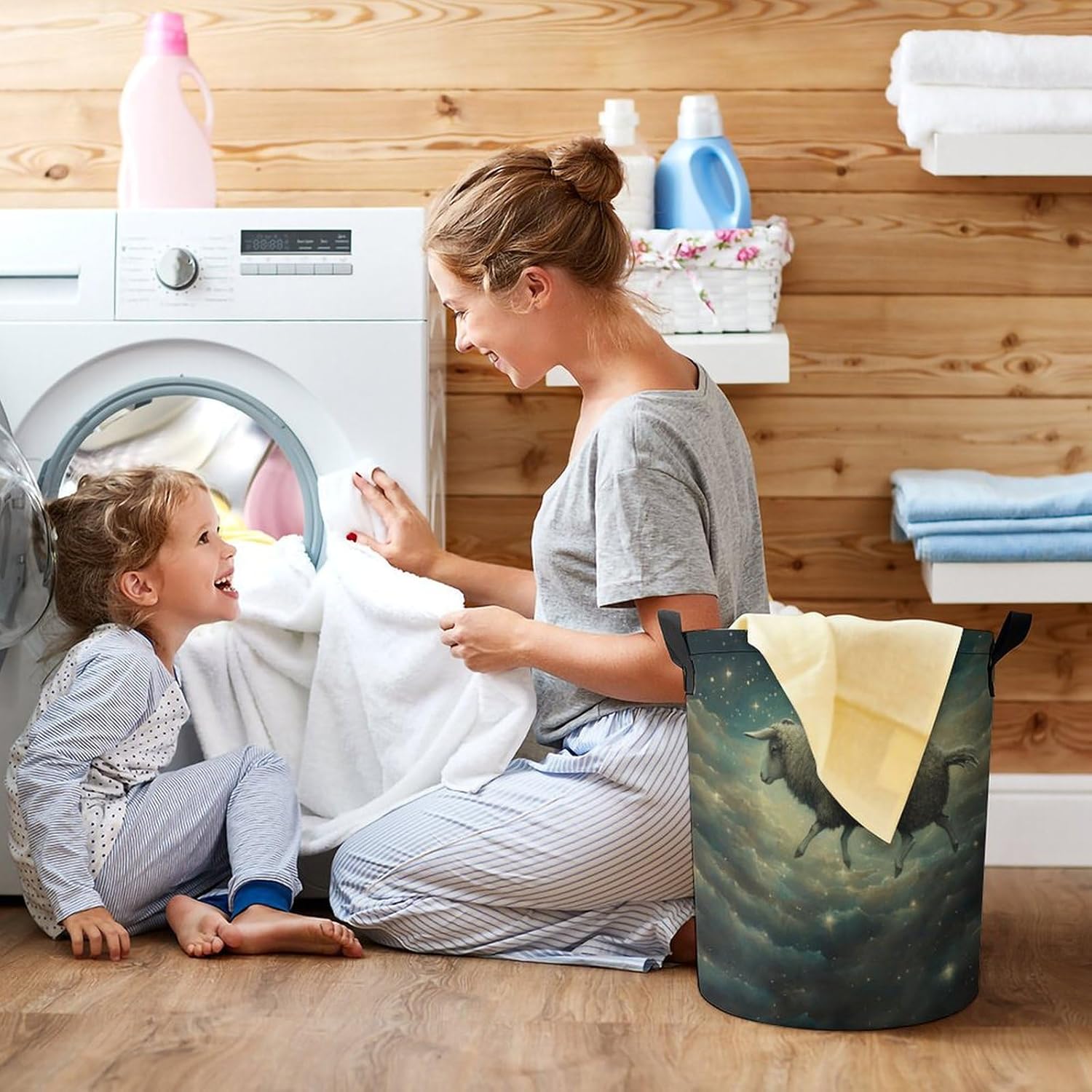 Laundry Basket Laundry Bag Sheep Are Flying Printed Foldable Laundry Basket with Easy Carry Handles for Clothes Towels in The Family And Dorm