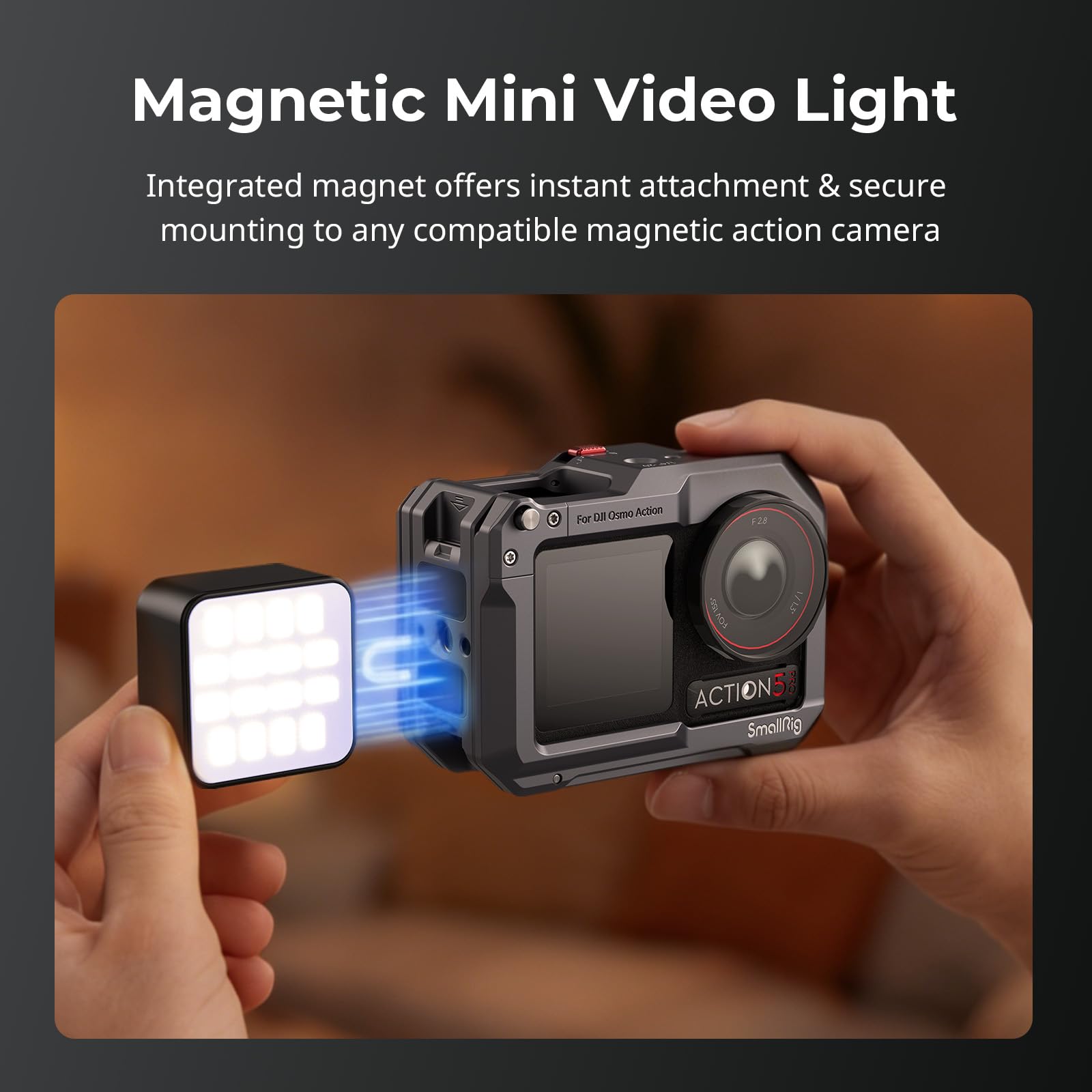 SMALLRIGMagnetyczna lampa wideo do kamer sportowych, mini lampa wideo z akumulatorem 500 mAh, 3000 K-6000 K, do DJI OSMO Nano Action 6/5/4/3 Pro, do Insta360 Ace - 5446B