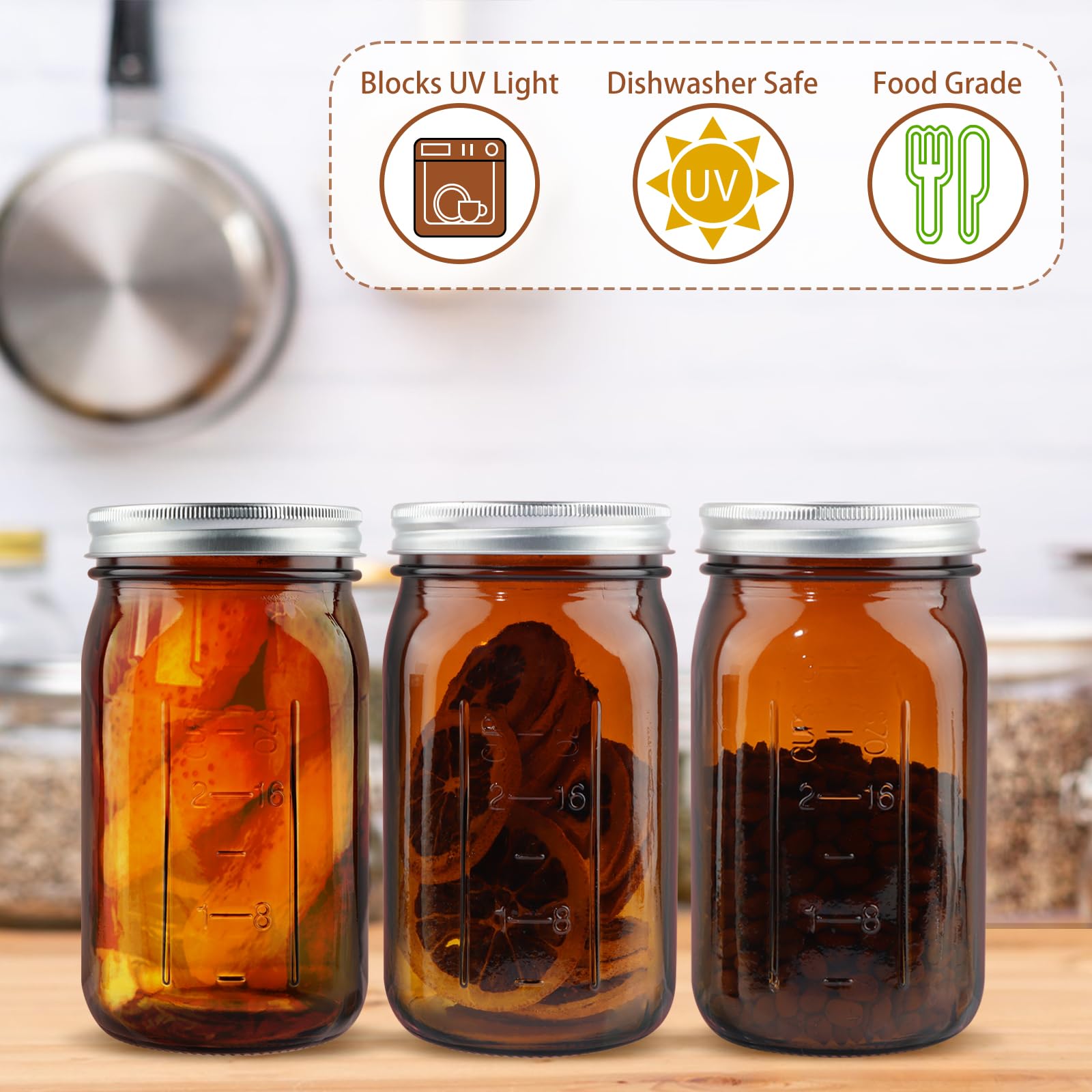 Polytun Barattoli in vetro ambrato a bocca larga da 907,2 g (confezione da 6), senza BPA, ermetici, resistenti alle perdite, per conservare, conservare alimenti, spezie e preparazione dei pasti
