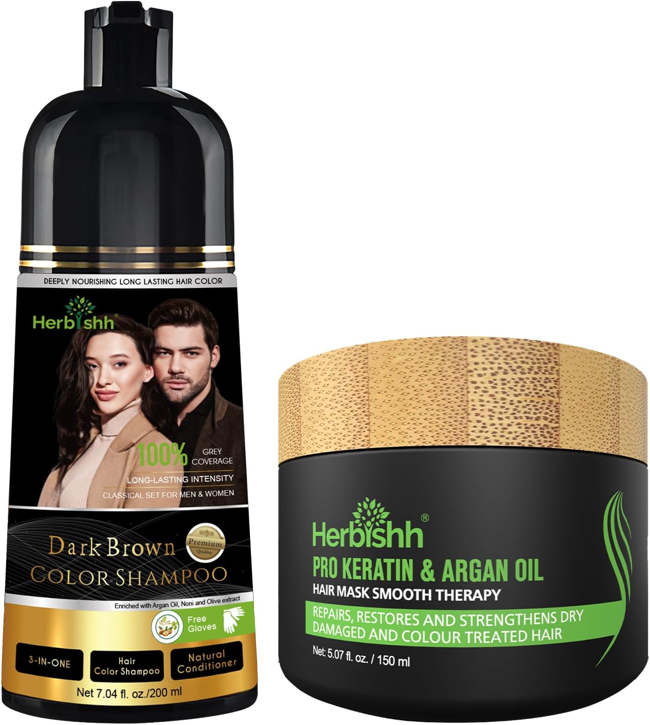 Herbishh Permanent Hair Color Shampoo – Dark Brown (200ml) + Argan Hair Mask 150 ml | Mess-Free, Ammonia-Free & Long-Lasting