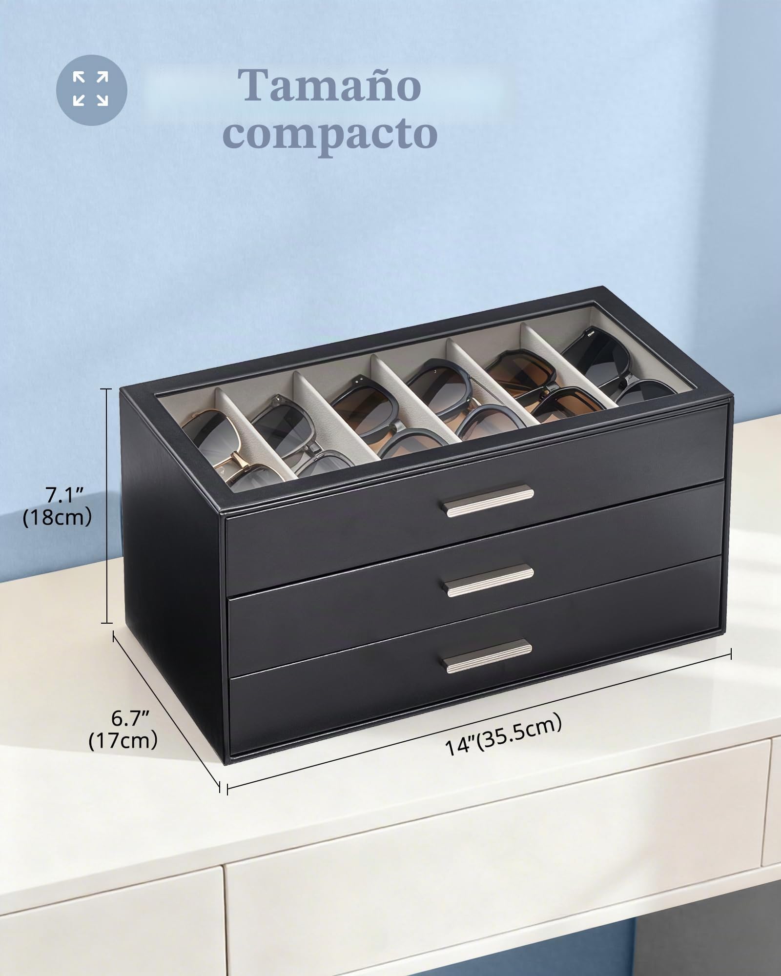 Lolalet Caja Organizadora de Gafas con Diseño de Cajón Deslizante, Estuche para Gafas de Sol y de Vista con Tapa Transparente,Almacenamiento y Exhibición Elegante para Mujer y Hombre,Ideal como Regalo