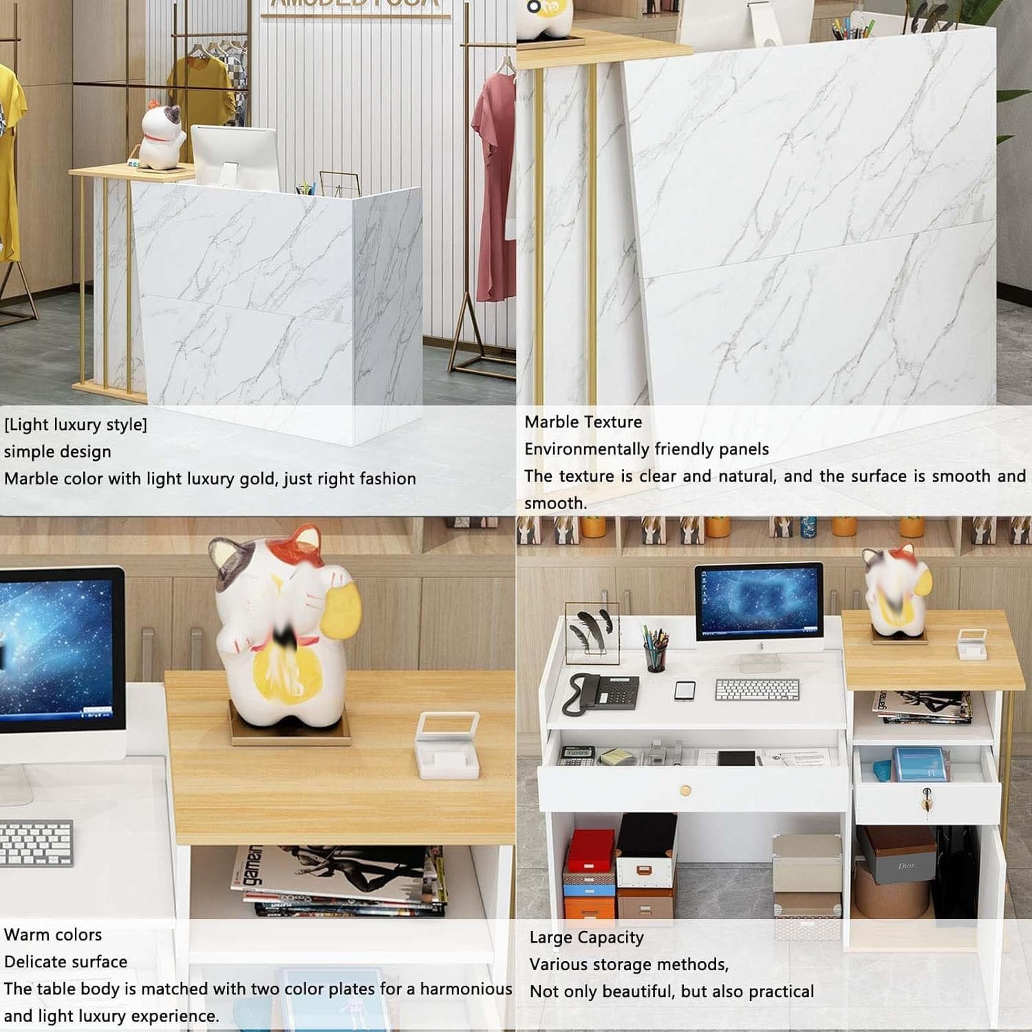 Bancone Reception Ufficio Piccolo, Banco Reception Parrucchiere Moderno Tavolo,Bancone Cassa per Negozio con Cassetti Chiudibili a Chiave per Ufficio(Printed color,120x40x90cm)