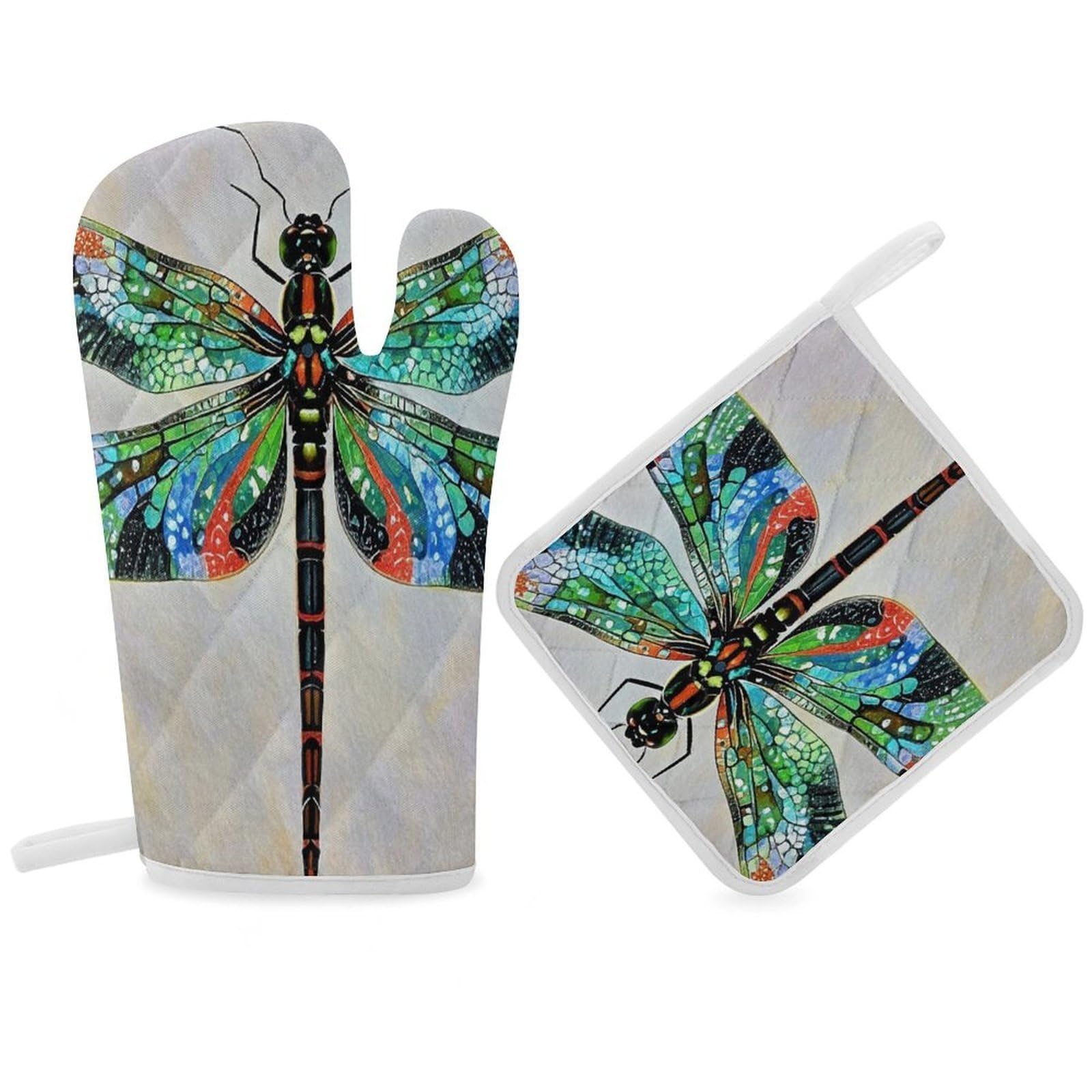 Dragonfly Oven Mitt Gloves and Heat Insulation Pads Double-Layer Thickened Heat Insulation Mitt Temperature Oven Gloves for Cooking Baking Grilling