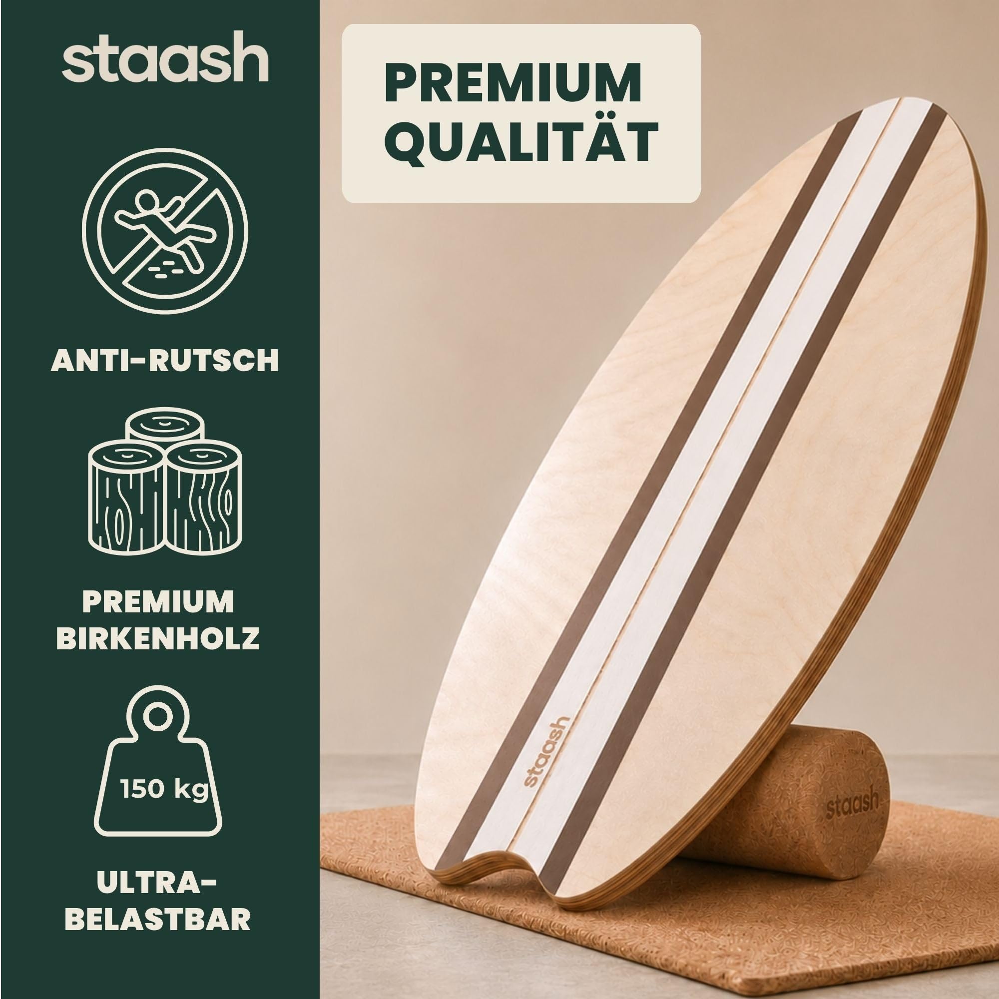 STAASH® Balance Board Holz – Pro Gleichgewichtstrainer inkl. Korkrolle & Korkball + Videokurs – Indoor-Surfen, Balance- & Stabilitätstraining, Fitness, Yoga