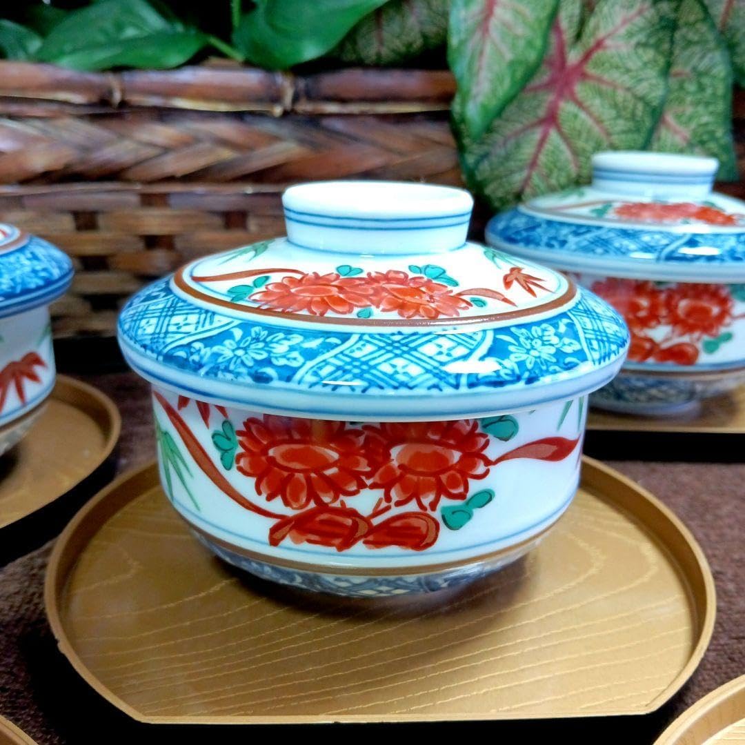 古伊万里 色絵 桐に鳳凰 丸紋に菊の図 蓋茶碗 4客