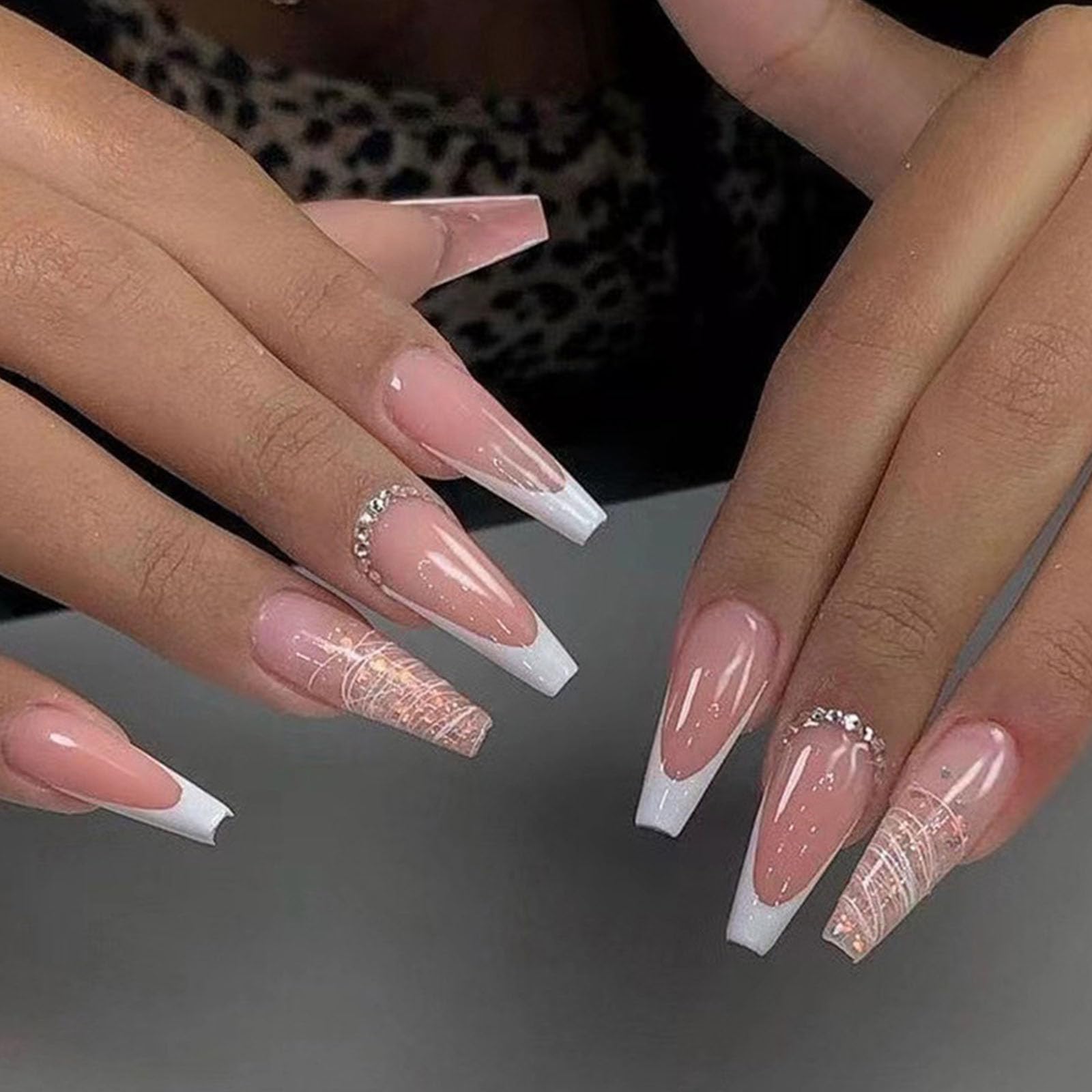 Long Press on Nails Coffin Fake Nails with Glitter Lines & Rhinestones Designs White Franch Tip Nails Press ons Glossy Glue on Nails Nude Full Cover Artificial Stick on Nails for Women 24Pcs