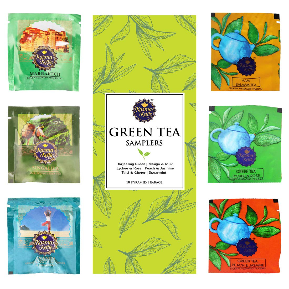 Karma Kettle Antioxidant Rich and Immunity Boosting Green Tea Sampler Box, 3 Tea Bags Each 6 Different Flavour, 18 Pyramid Tea Bags, 40 g - Image 2 thumbnail