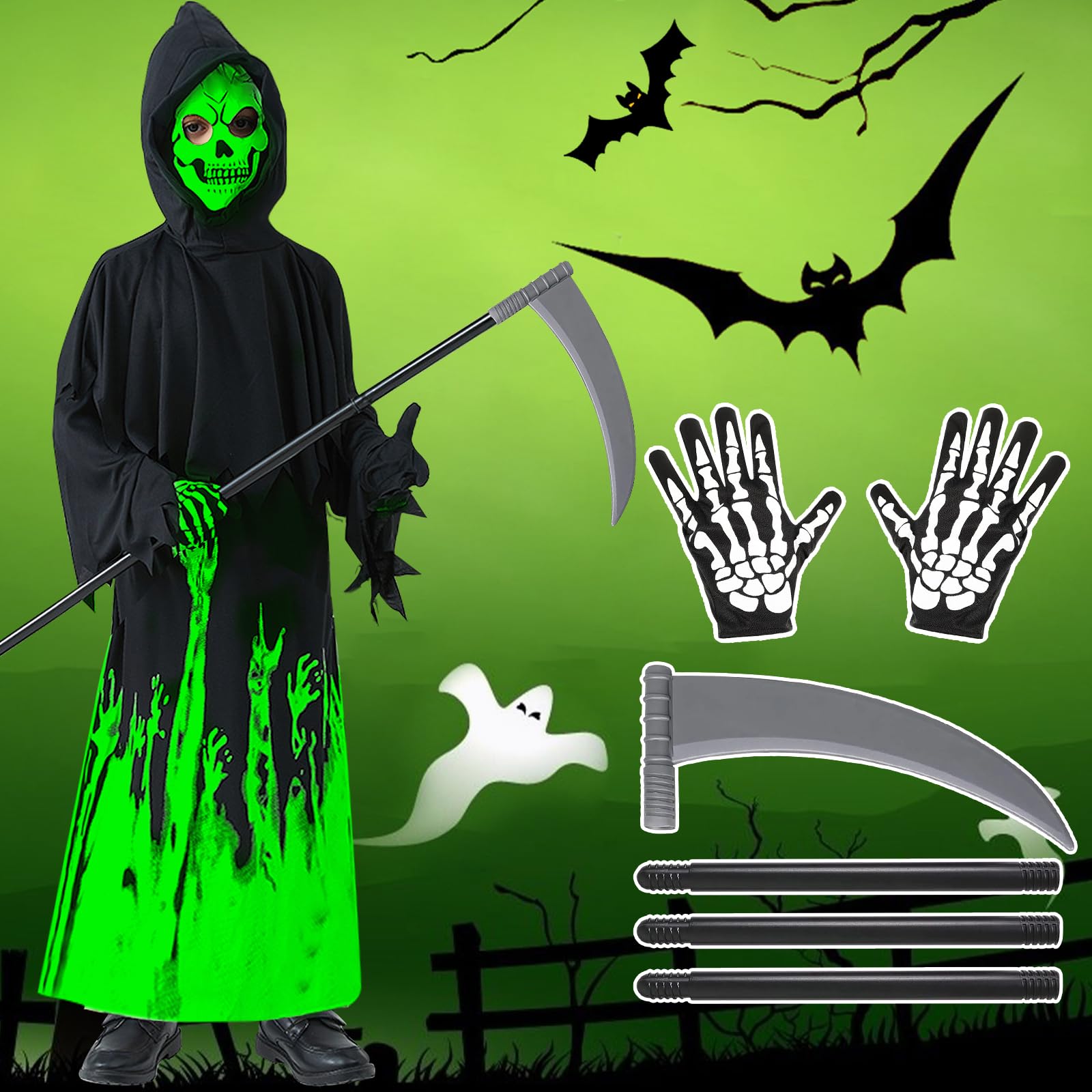 MWZEAUL Disfraz Halloween para Niño, Disfraz Esqueleto Niño con Guadaña Halloween 90 cm, Guantes Esqueleto, Disfraz Muerte Niño Iluminado, Disfraces Halloween Niño para 10 a 12 Años