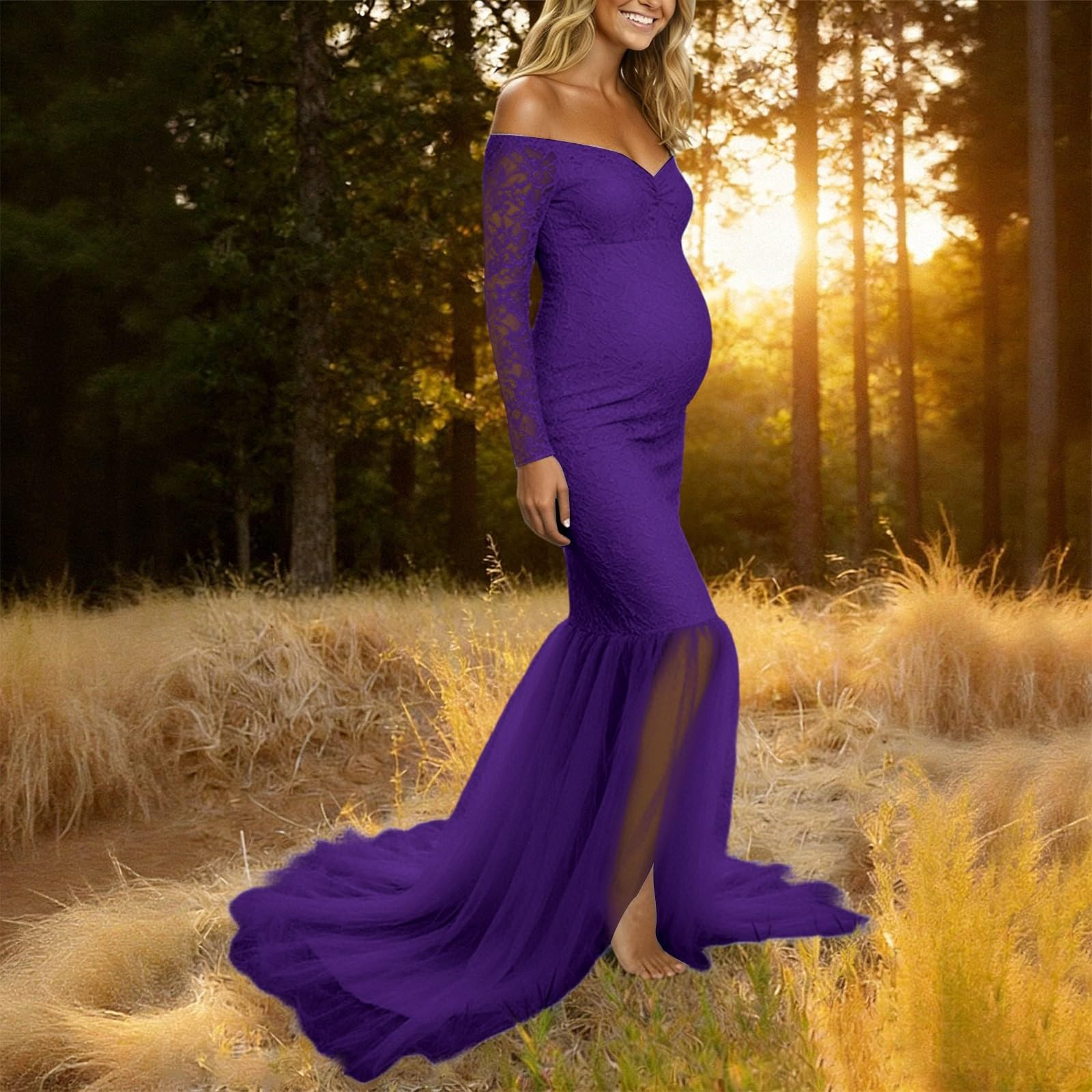 Meerjungfrau Tüll Umstandskleid Damen Umstands Maxikleid Mit Spitzeneinsätzen Fließendem Saum Langarm Umstandskleidung Tailliert Schwangerschaft Kleider Für Fotoshooting Babyparty Hochzeit