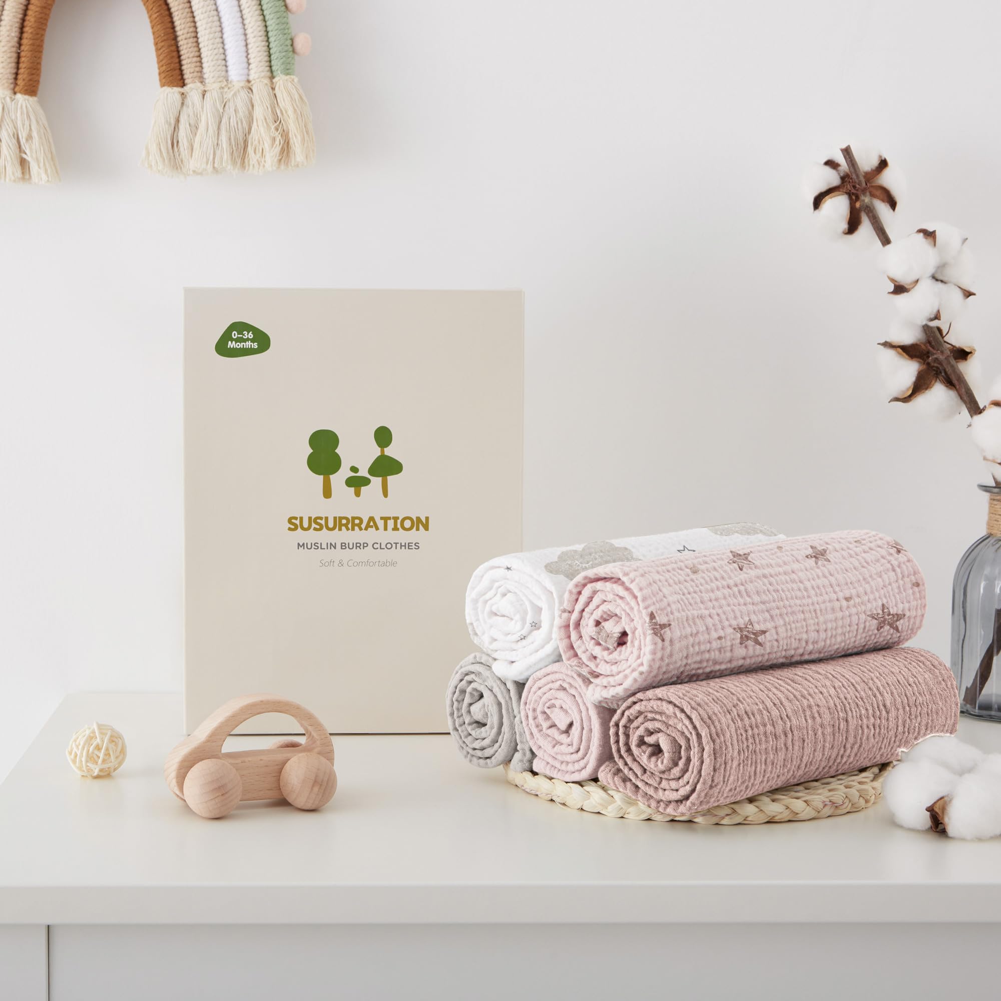Susurration Bambino in Mussola Per Neonati, 5 Pezzi, Set 60x60CM, Super Morbido Assorbente in Mussola A Grana Per Neonati, Unisex, Per Bambine E Ragazzi (pentagramma rosa)