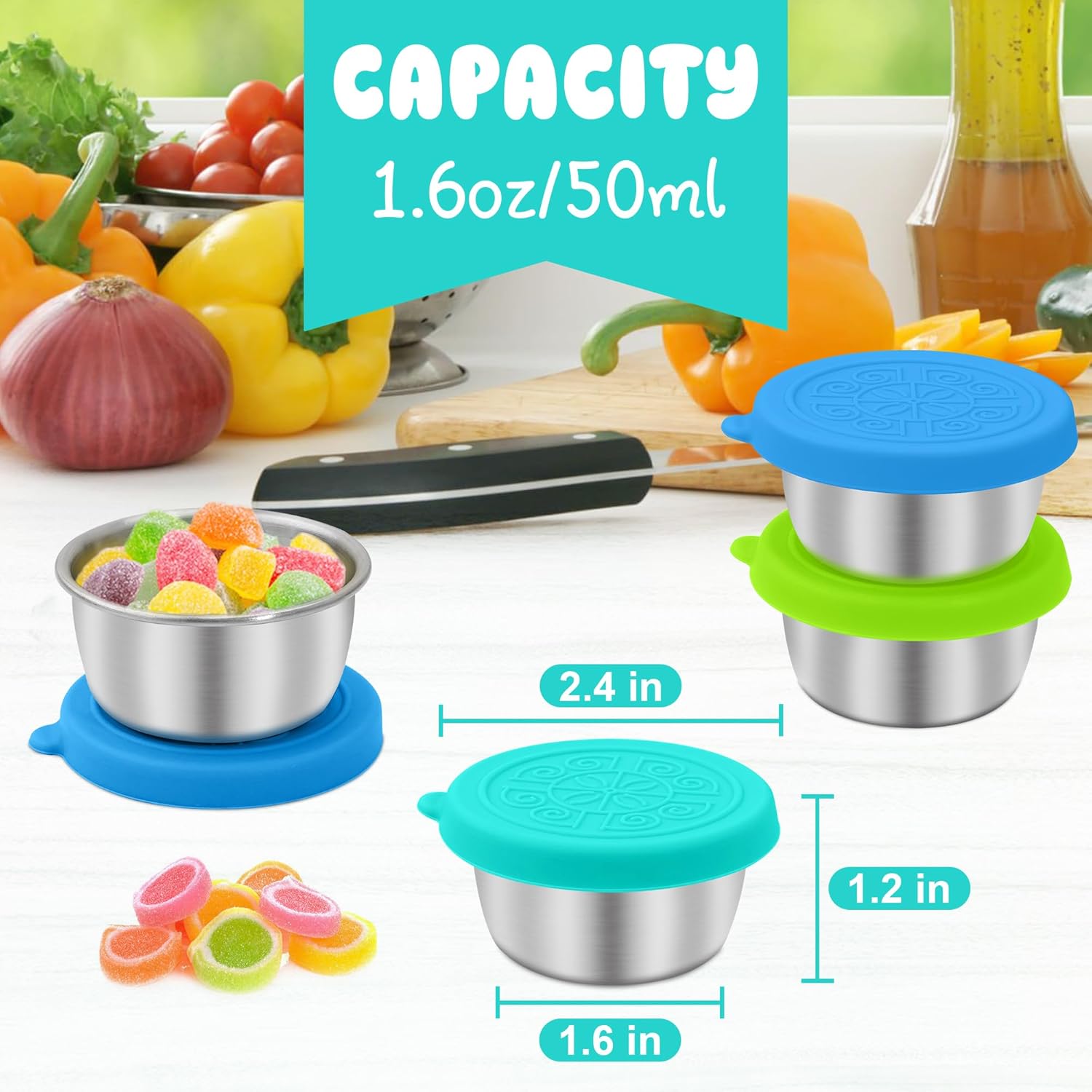 LIEMAND 6x1.6 oz Salad Dressing Container to Go, Leakproof Reusable Stainless Steel Small Container with Lid,Sauce Containers for Lunch box,Picnics,Travel,Office and Meal Prep