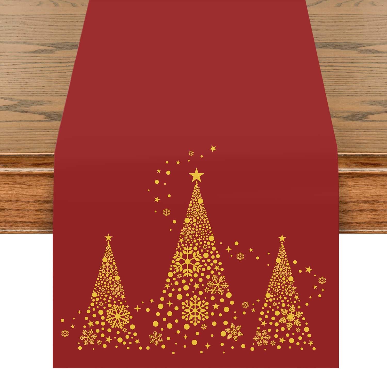 khevga Christmas Table Runner with Christmas Tree in Gold 140 x 40 cm (Red)