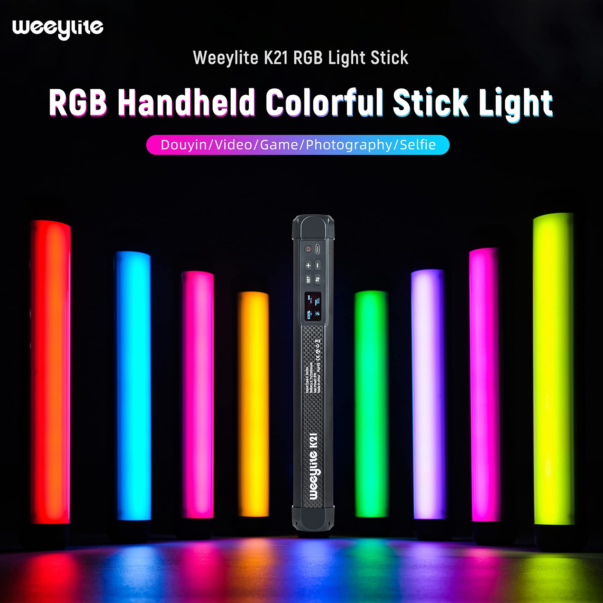 Weeylite K21 Varita de luz LED RGB de Mano, Barra de luz de Video LED RGB magnética con batería de 2500 mAh/Control de aplicación/360° a Todo color/2500K-8500K/pantalla OLED para TikTok,Vlog,Youtube