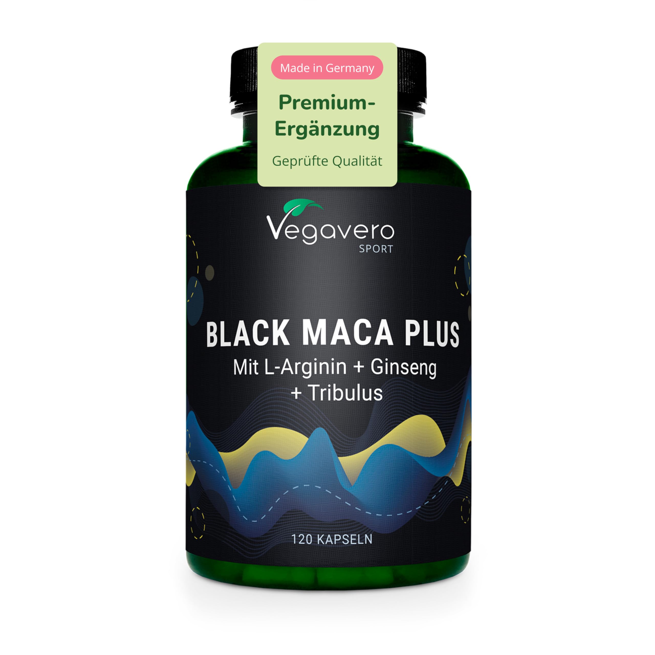 Black Maca 5000 mg + L-Arginin | Tribulus, Ginseng, Zink | hochdosiert: 10:1 Extrakt | Vegan & Ohne Zusätze | 120 Kapseln | Deutsche Produktion von Vegavero
