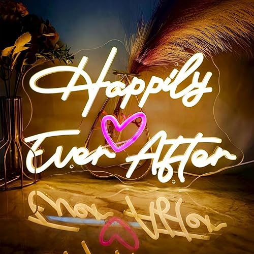 Miniatura 3 de Letrero de neón con corazón de Happily Ever After, alimentado por USB, para dormitorio, con texto en inglés "Happily Ever After", para boda, fiesta