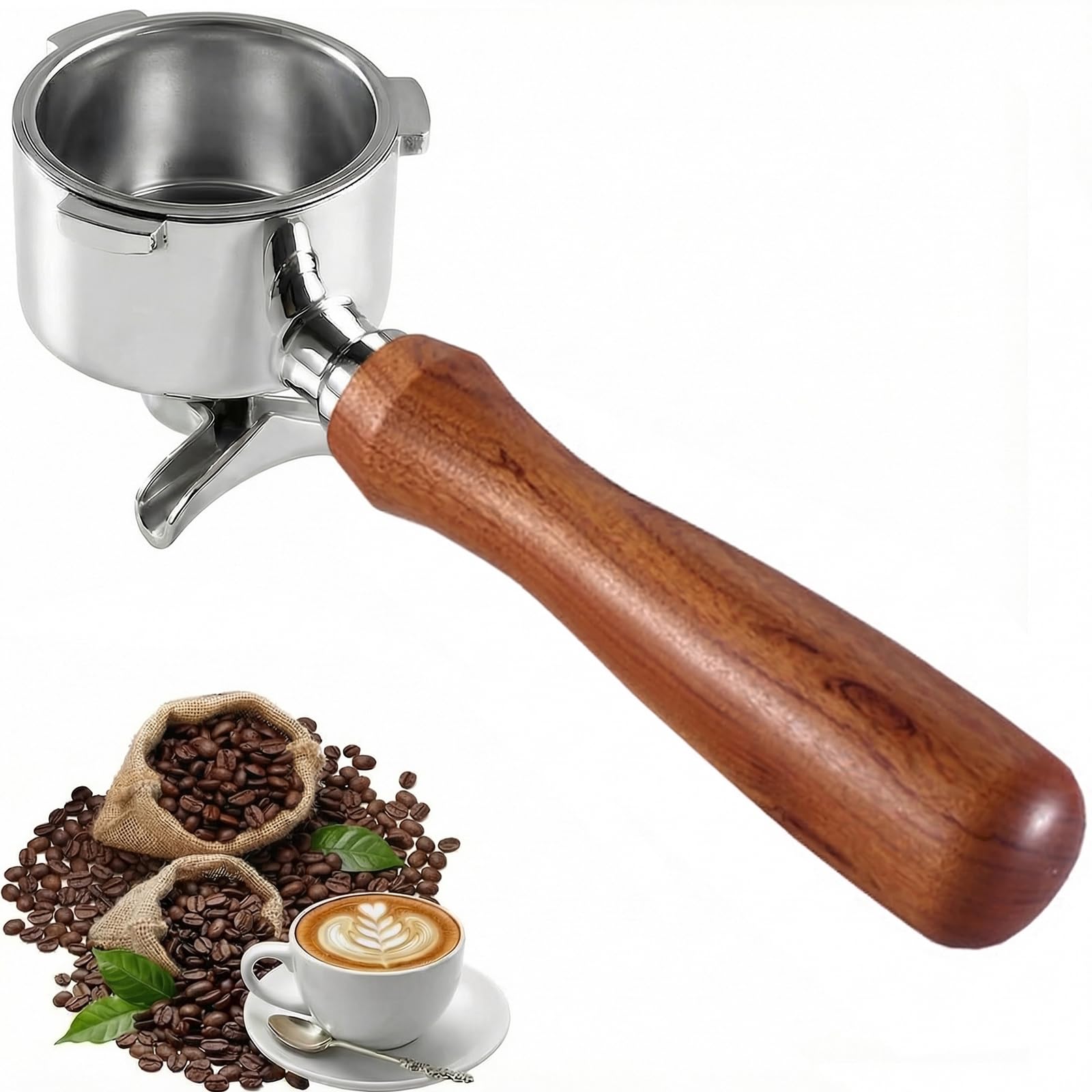 Siebträger 51mm für DeLonghi Dedica EC680 EC685 EC885 & Smeg, Edelstahl Portafilter, 3 Ohren Design, Doppelter Auslauf, mit Ergonomischer Holzgriff, Inklusive Druckloser Korb, Espresso Portafilter