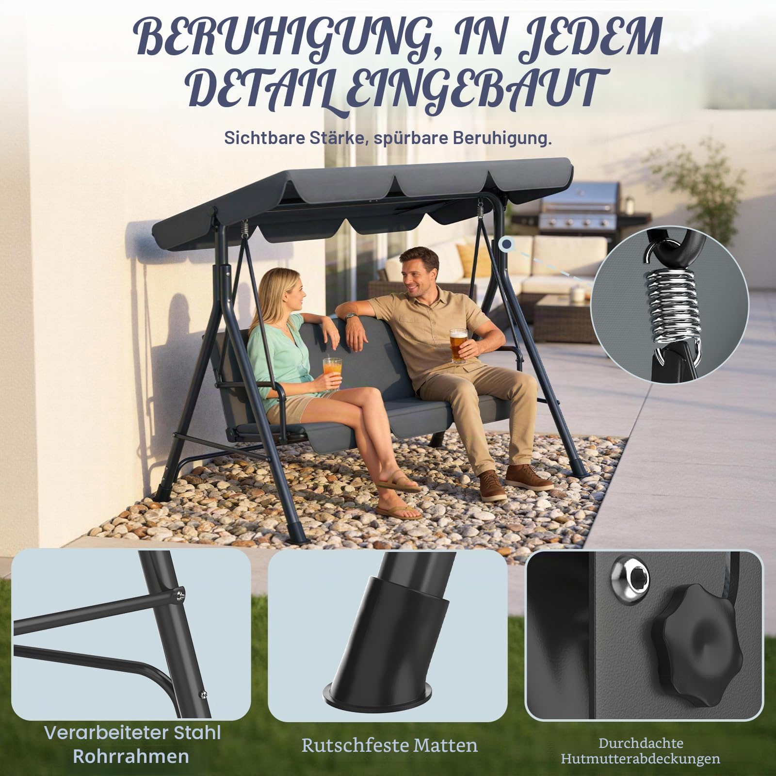 Huracan Hollywoodschaukel 3 Sitzer, Gartenschaukel mit Verstellbarem Sonnendach, Wetterfest Gartenliege, Stabile Metallkonstruktion, Schaukelstuhl mit Anti-Rutsch-Füßen, 193x110x152cm, Anthrazit