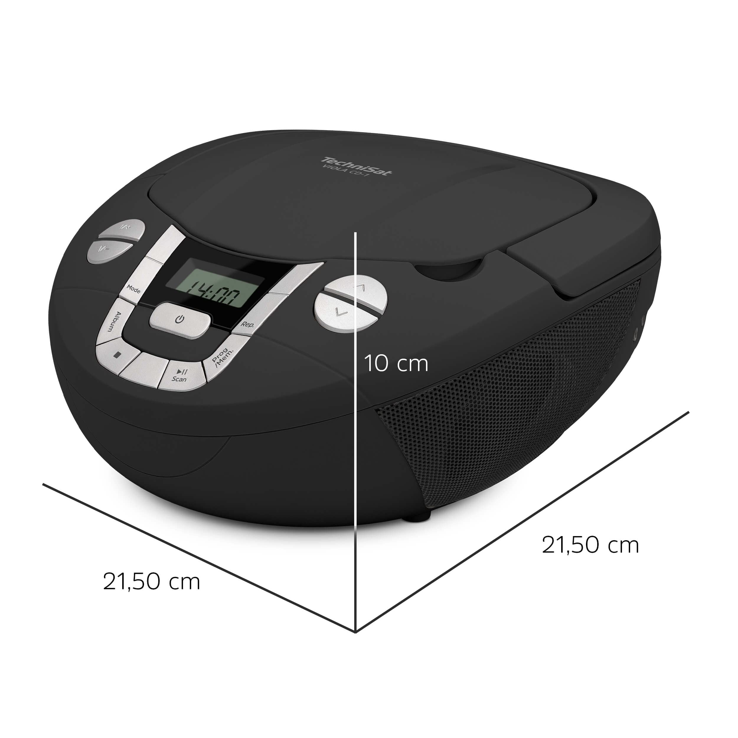TechniSat VIOLA CD-1 - lettore CD stereo portatile con maniglia per il trasporto, boombox nera, sintonizzatore radio FM, ricezione Bluetooth, potenza di 2 x 1 W RMS, alimentazione a rete e a batteria