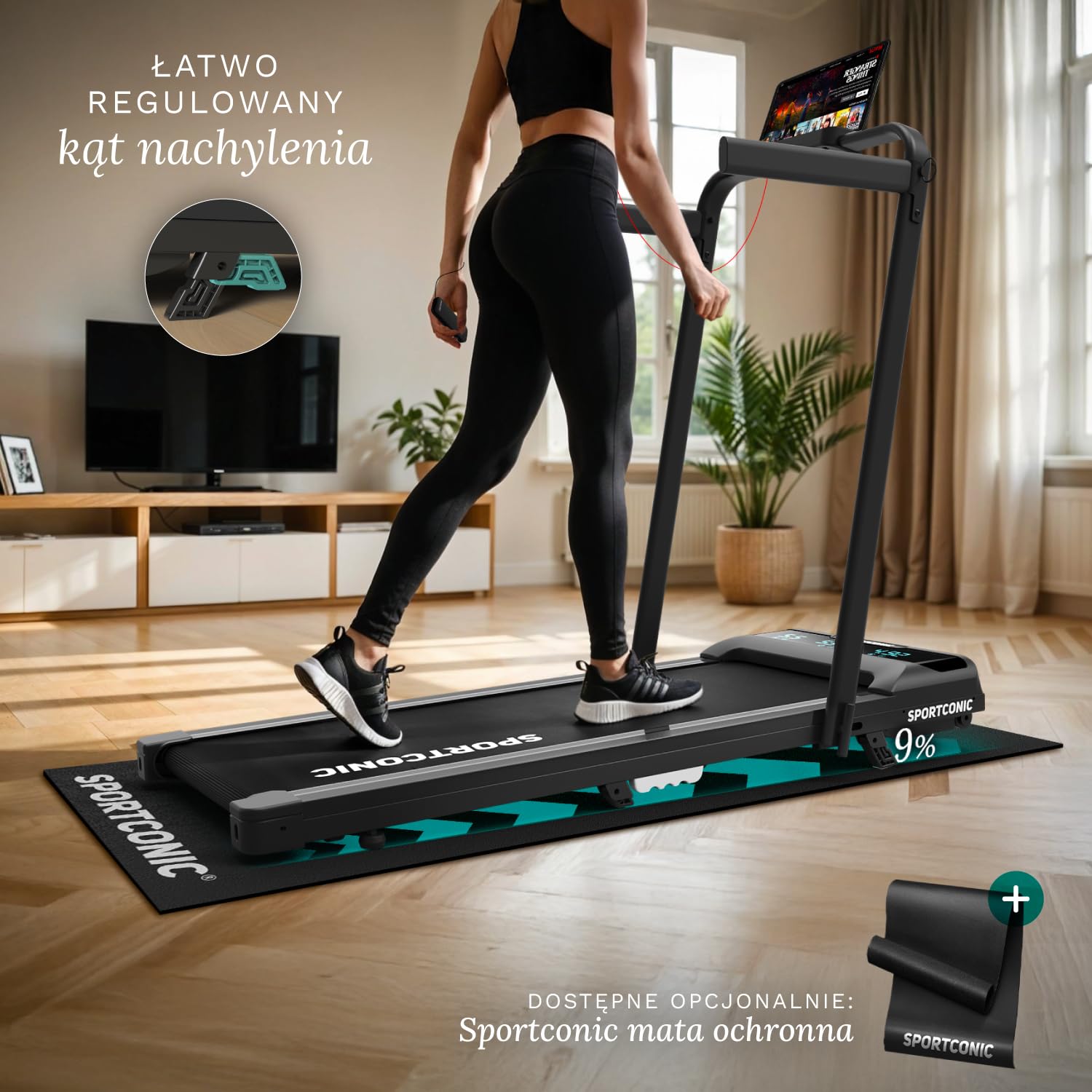 Sportconic Bieżnia do Domu z Nachyleniem, Walking Pad, Kompaktowa i Cicha Bieżnia, Bieżnia pod Biurko do Chodzenia i Biegania