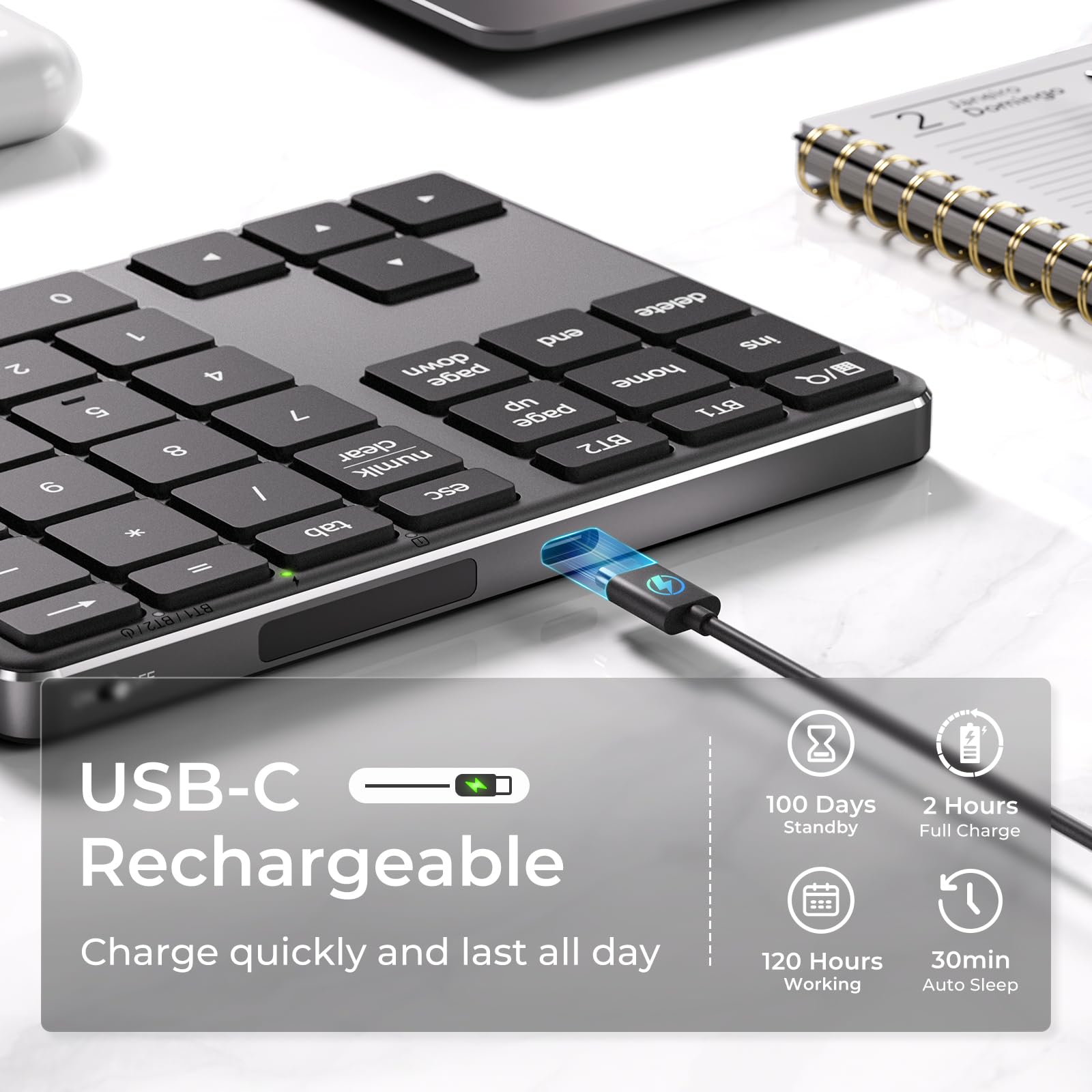 iClever Teclado Numérico Inalámbrico, Teclado Numérico Bluetooth 5.1 Multi-Dispositivo con Carga USB-C, Compatible con Mac/PC/Móvil