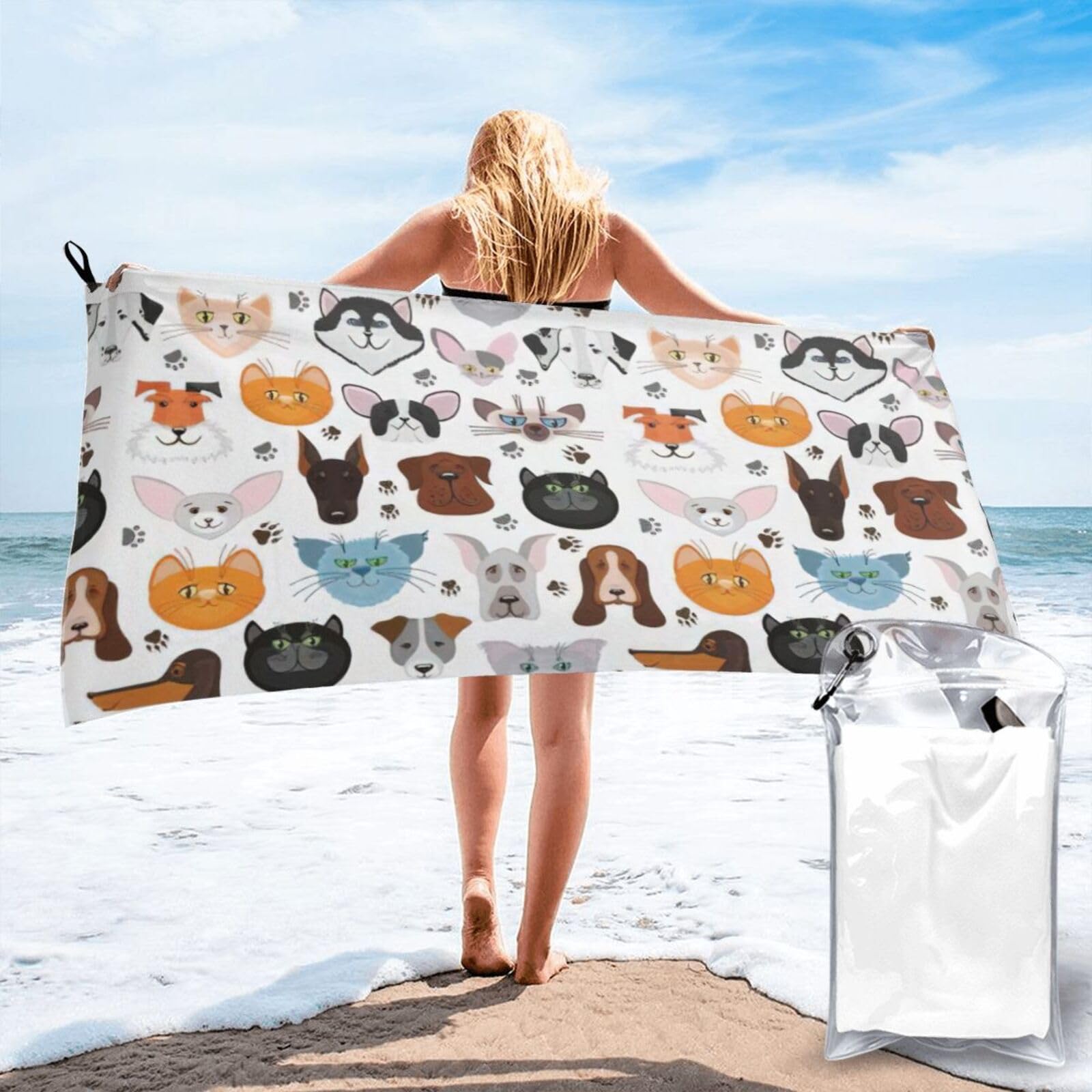 Nimongt Men's White Cat And Dog Faces Bulldog Beagle Labrador Print Adult Towel Travel Gym Beach Hiking Yoga Camping Lightweight Quick Dry Versatile