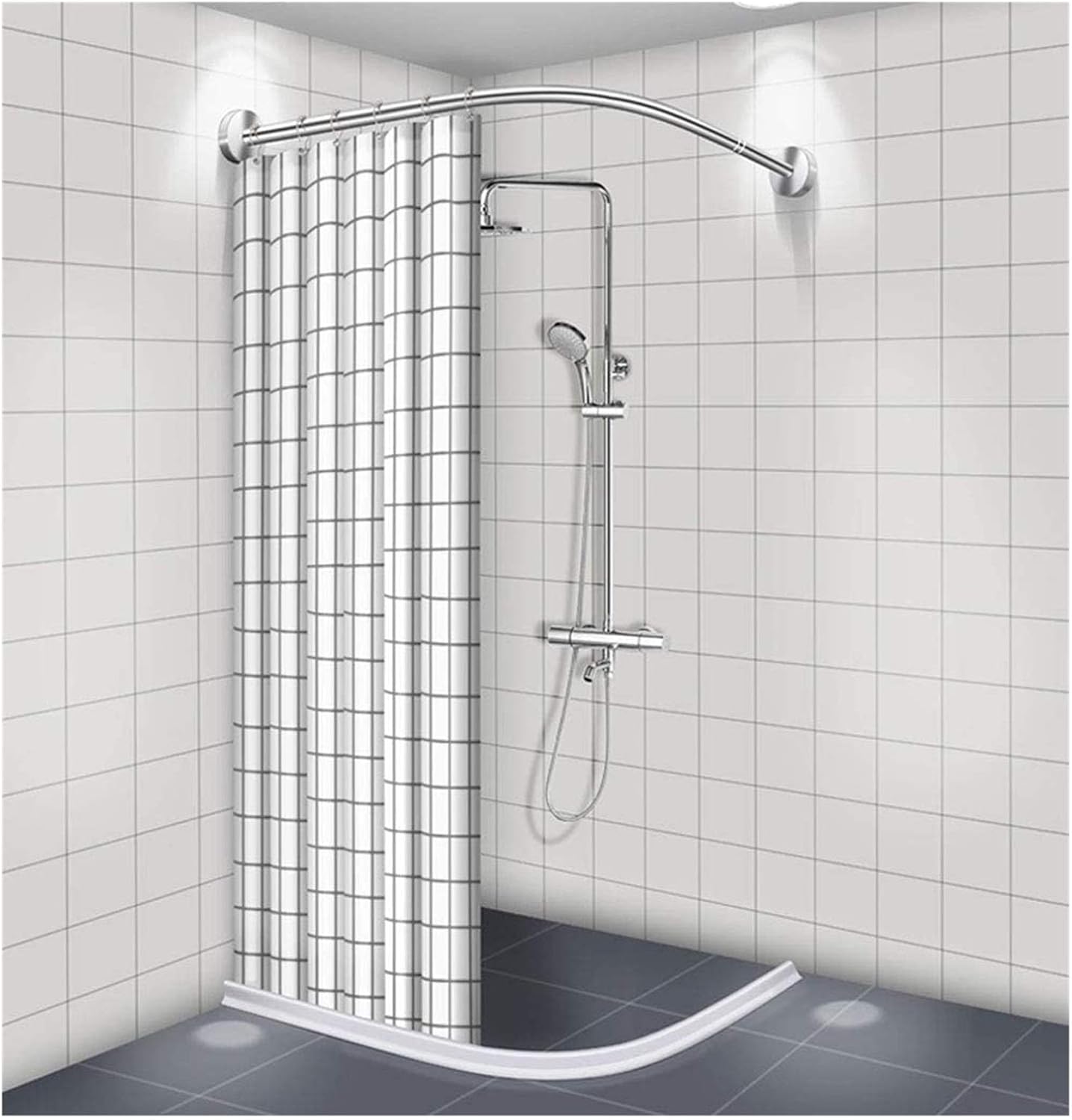 Curved L Shape Shower Curtain Rail,Shower Curtain Rod No Drilling Extendable Bathroom Corner Curtain Pole 100% Rustproof for Bathroom, Dressing Room, Cloakroom (Size : B)