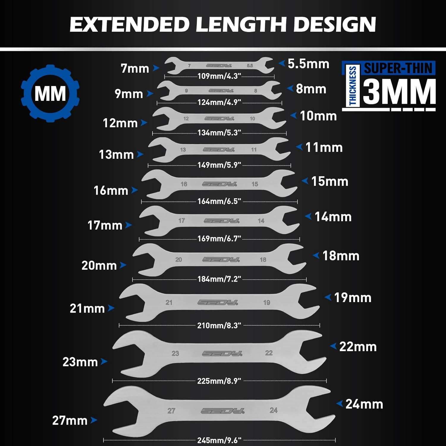 10-Piece Super Thin Open-End Wrench Set, Metric 5.5–27mm, 3mm Thickness Slim Wrench Set for Tight Spaces, Nickel Plated Flat Wrenches with Rolling Storage Pouch