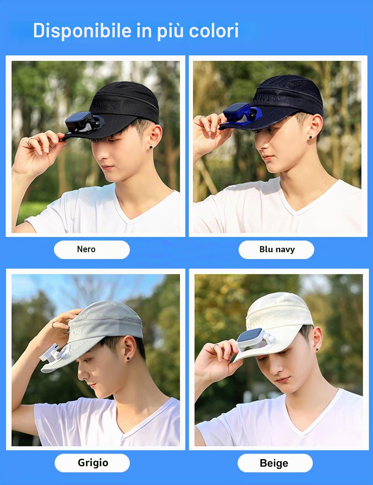 Berretto da baseball integrato con ventola solare + doppia alimentazione USB, cappello da ventaglio regolabile per velocità e direzione del vento, raffreddamento 24 ore, ideale per golf, pesca, viaggi