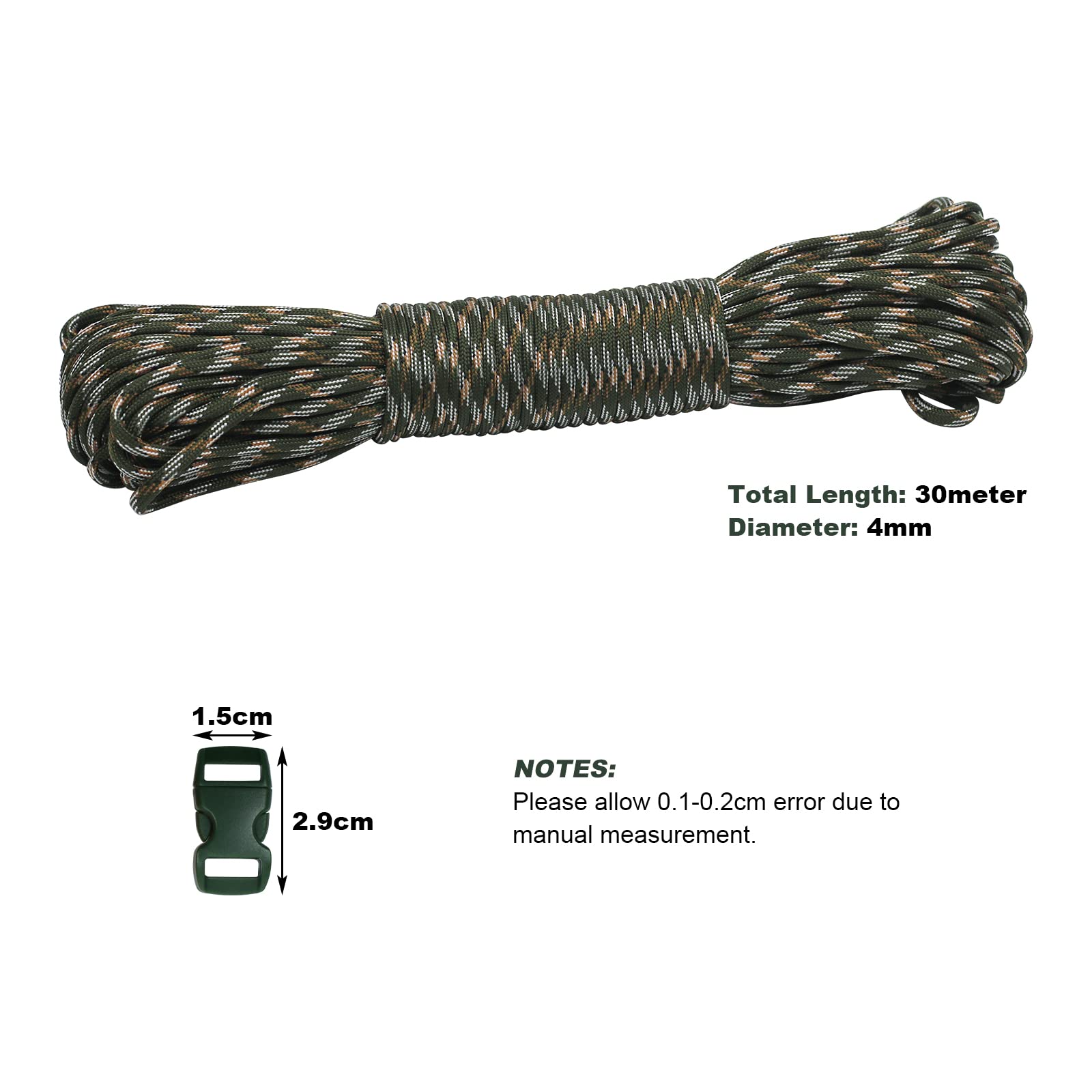 Akamino Corda Paracord 550 Mimetica 4mm 90mt - Nylon Resistente Con 20 Fibbie Per Campeggio E Fai Da Te - 3